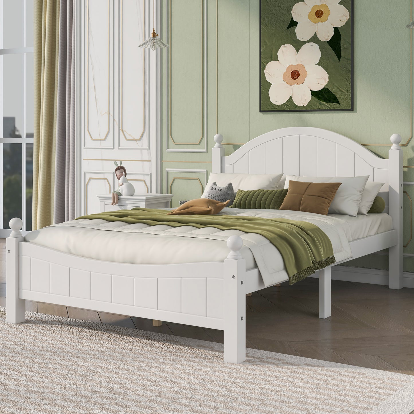 3 Pieces Traditional Concise Style White Bedroom Sets, Nightstand+Chest+Full Bed