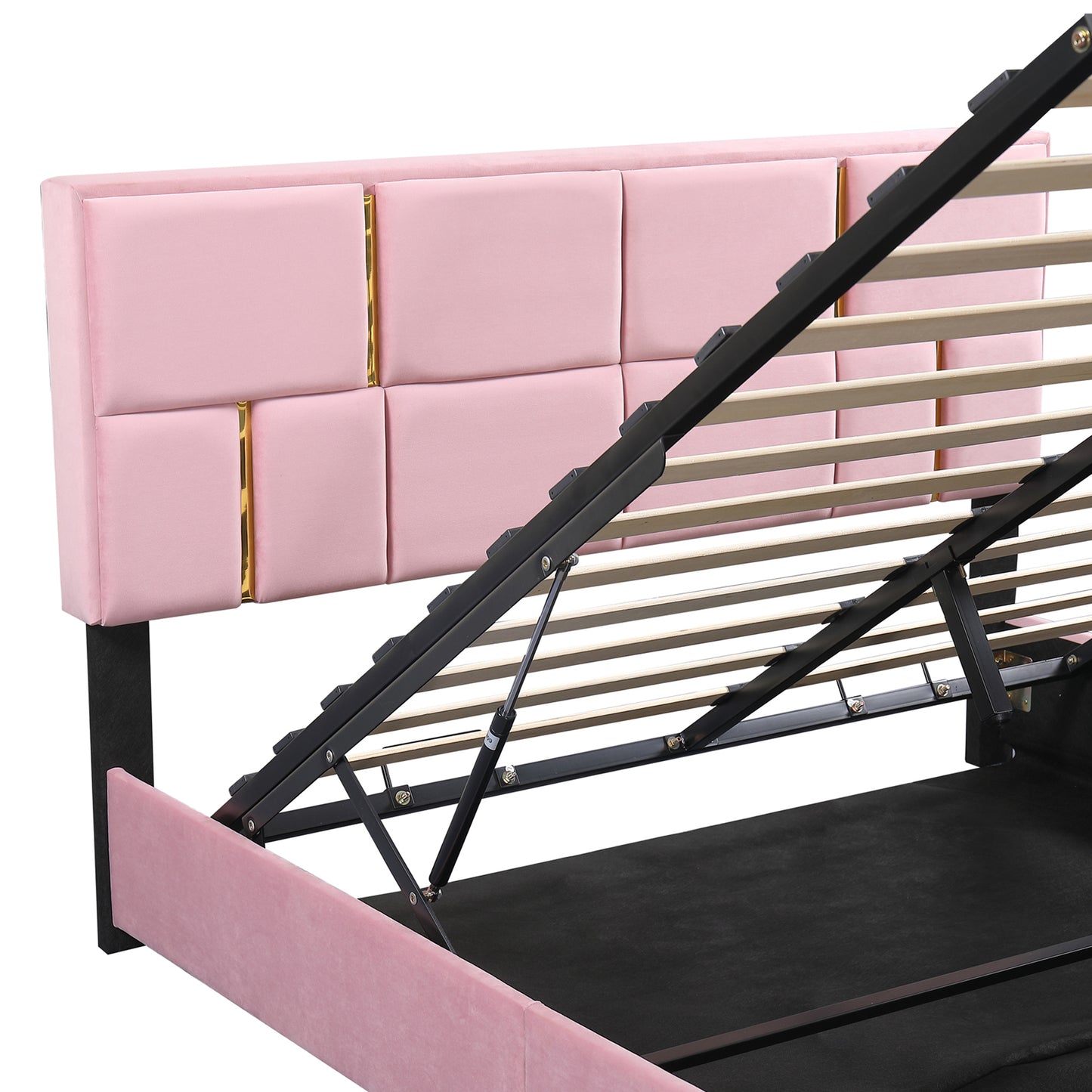 2-Pieces Bedroom Sets,Queen Size Upholstered Platform Bed with Hydraulic Storage System,Storage Ottoman with Metal Legs,Pink
