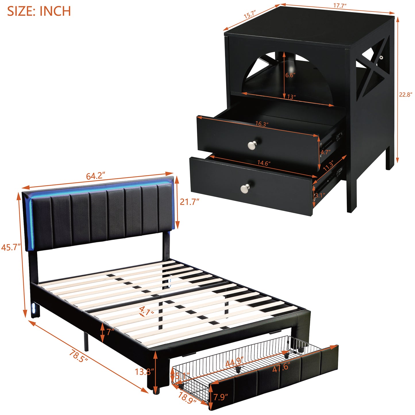 3-Pieces Bedroom Sets,Queen Size Upholstered Bed with LED Lights and Motion Activated Night Lights,Two Nightstands with USB Charging Station and LED lights,Black