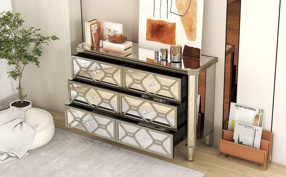 Elegant Mirrored 6-Drawer Dresser with Golden Lines Storage Cabinet for Living Room, Hallway, Entryway
