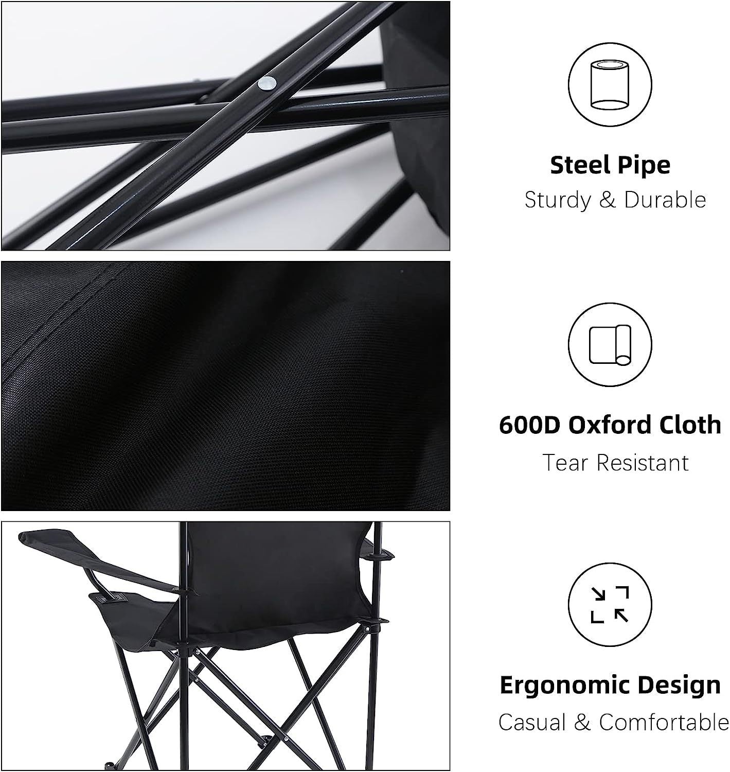 YSSOA Portable Folding Black Camping Chair, 1-Pack