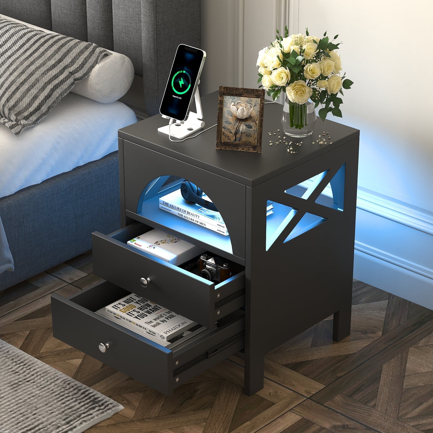 3-Pieces Bedroom Sets,Queen Size Upholstered Bed with LED Lights and Motion Activated Night Lights,Two Nightstands with USB Charging Station and LED lights,Black