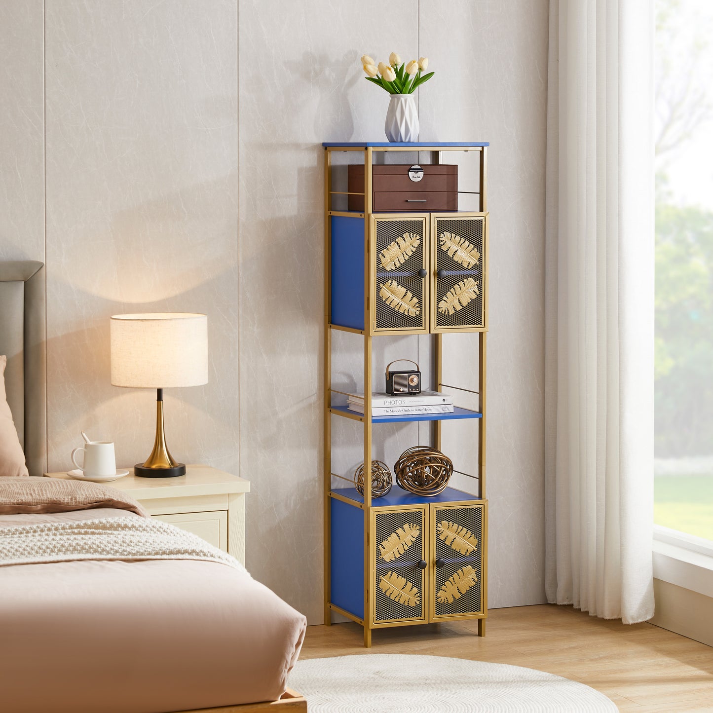 Tall Large Floor Storage Cabinet with Open Compartments and 2 Cabinets with Doors, Freestanding Cabinet, for Home Kitchen, Bathroom, Living Room