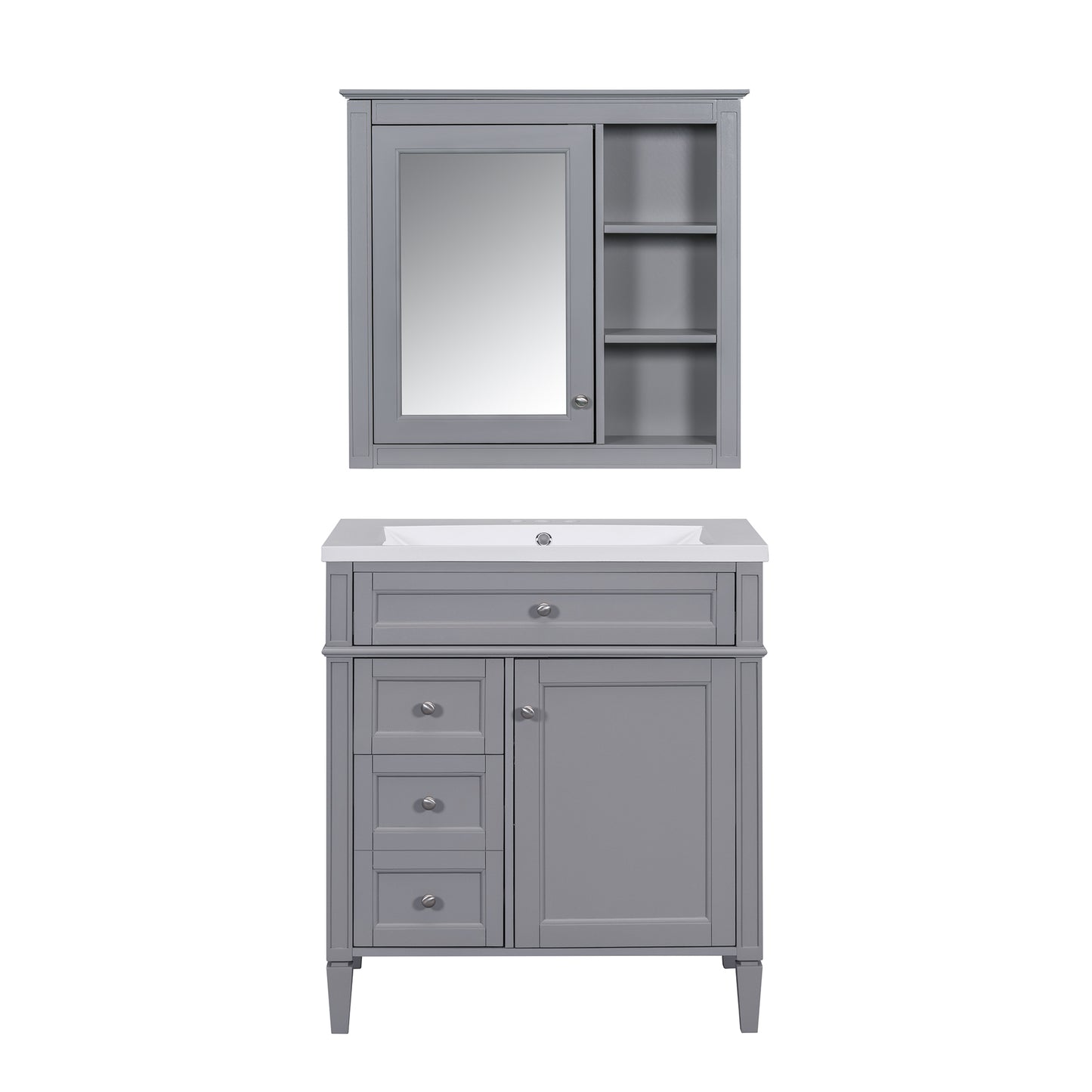 30'' Bathroom Vanity with Top Sink, Modern Bathroom Storage Cabinet with 2 Drawers and a Tip-out Drawer, Freestanding Vanity Set with Mirror Cabinet, Single Sink Bathroom Vanity