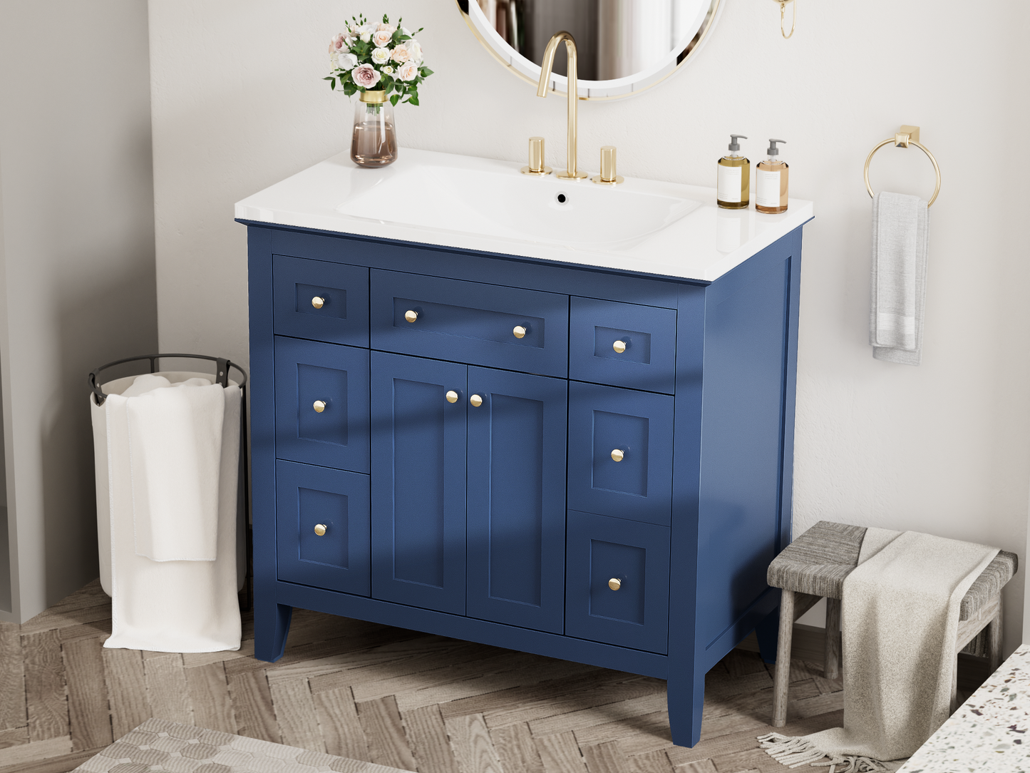 36'' Bathroon Vanity with Resin Sink Combo Set, Modern Freestanding Single Bathroom Cabinet with 6 Drawers & 2 Cabinets, Storage Cabinet for Bathroom, Solid Wood Frame Vanity Set, Blue