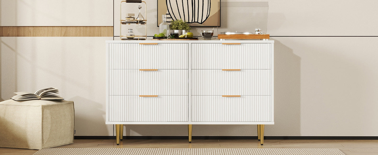 6 Drawer Dresser with Metal Leg and Handle for Bedroom, Storage Cabinet with Vertical Stripe Finish Drawer, White