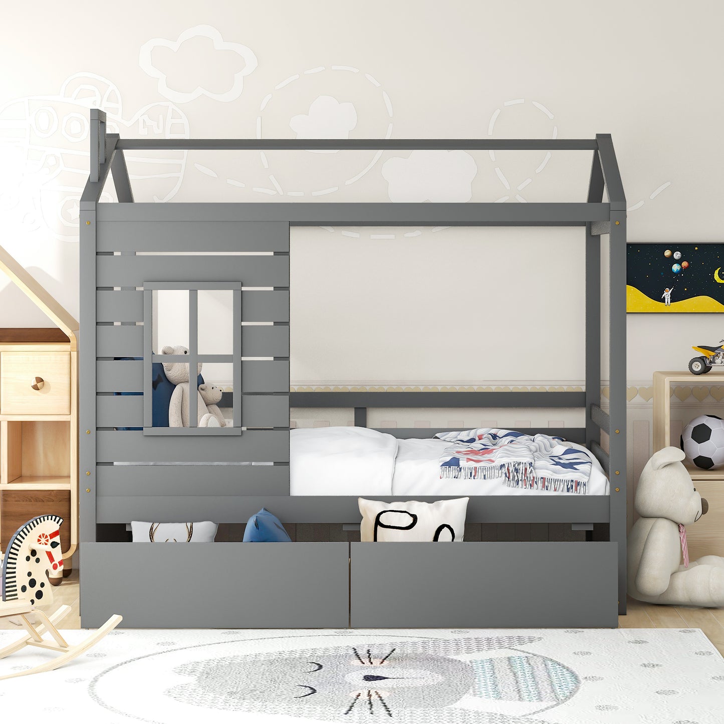 Twin Size House Bed Wood Bed with Two Drawers ( Gray )