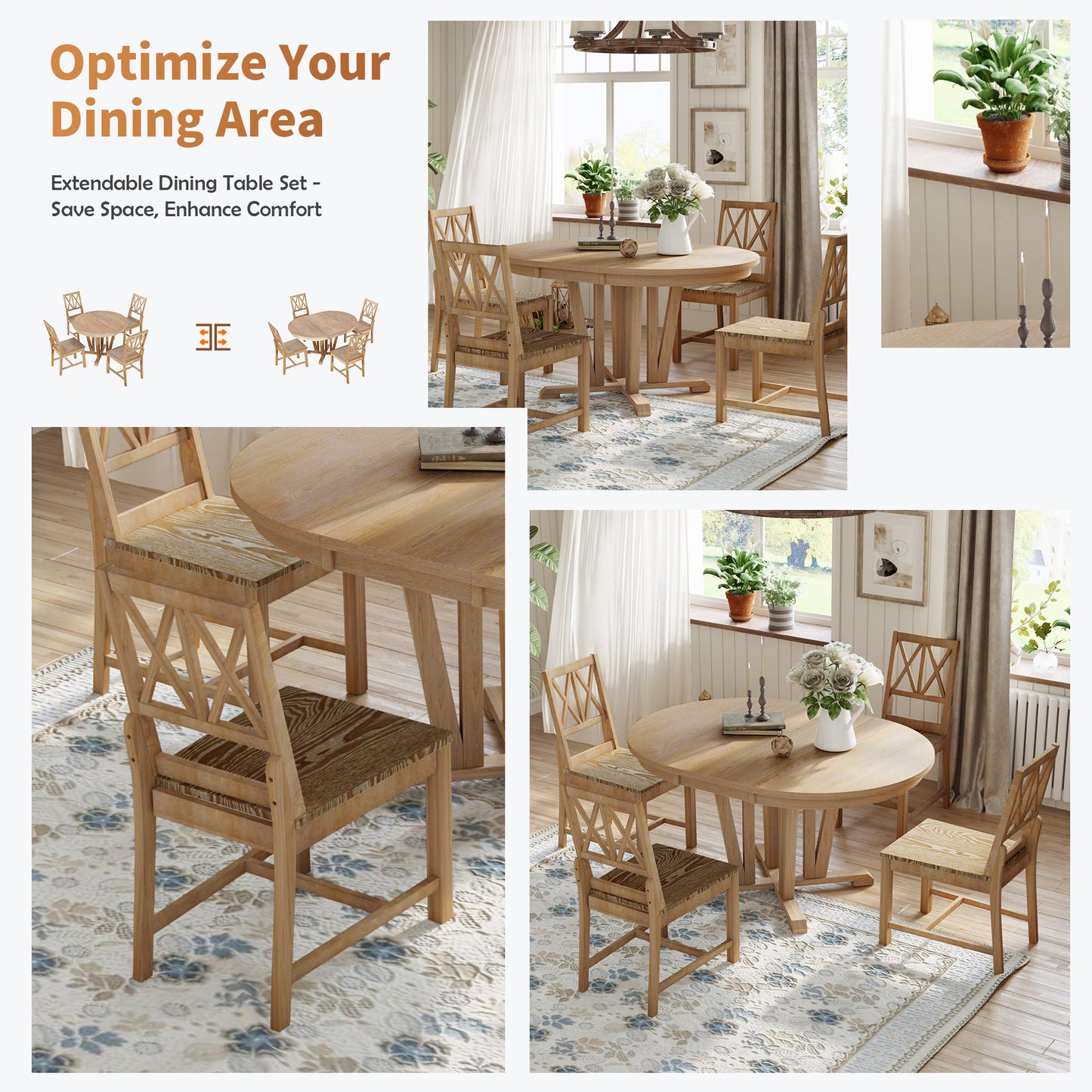 TOPMAX Rustic 5-Piece Extendable Dining Table Set Round Trestle Table and 4 Cross Back Dining Chairs for Kitchen, Dining Room, Natural