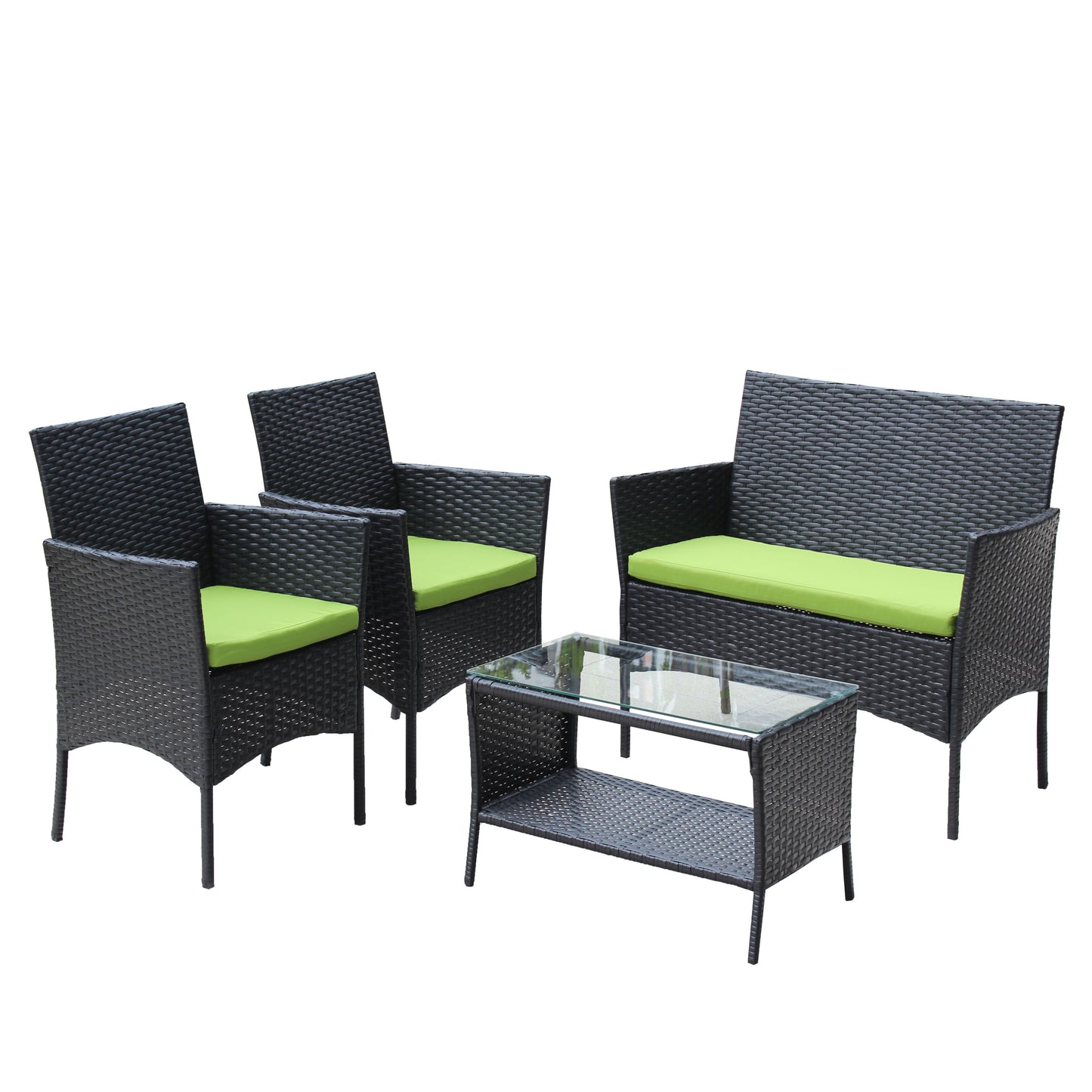 4 PC Rattan Patio Furniture Set Outdoor Patio Cushioned Seat Wicker Sofa (green Cushion)