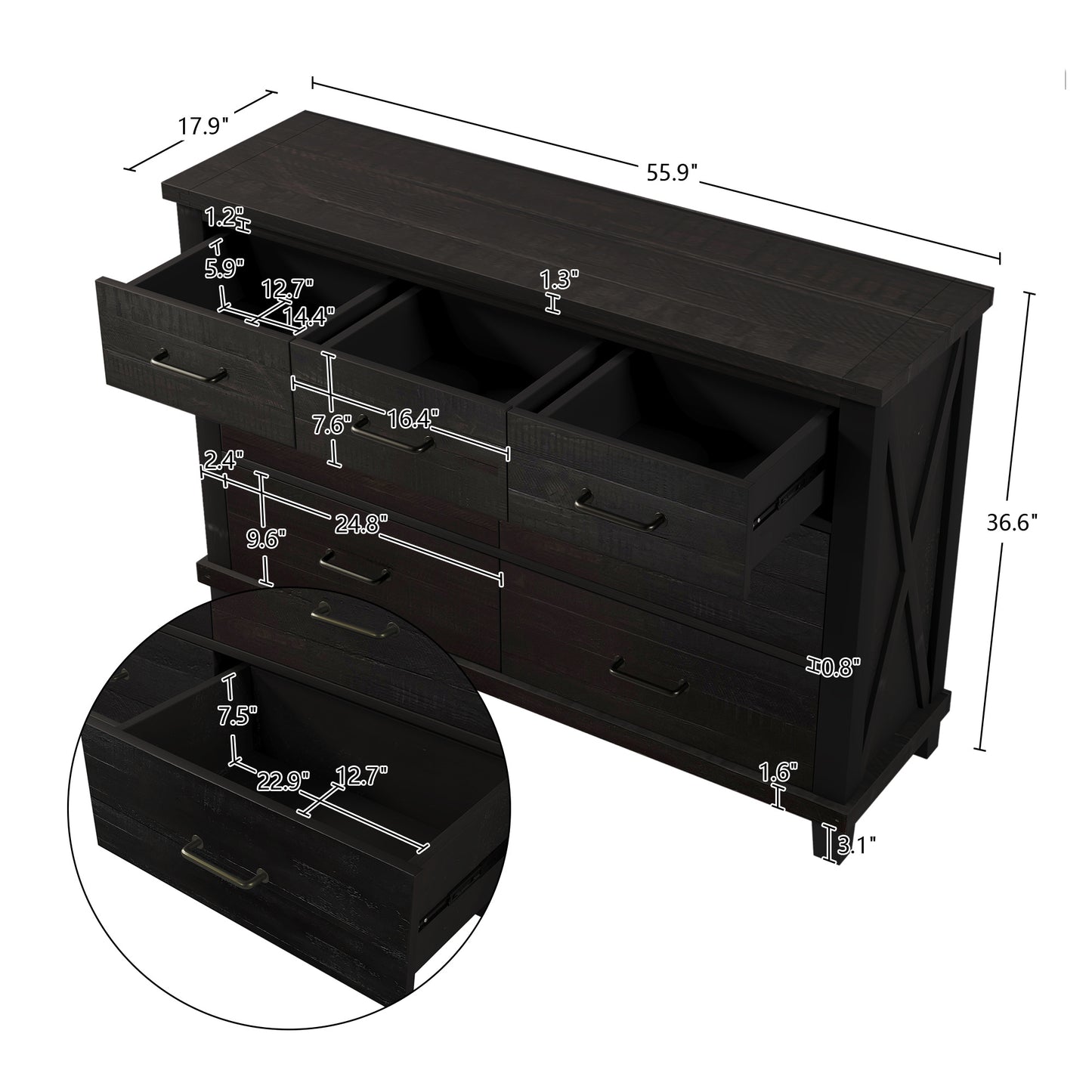 Rustic Farmhouse Style 3 Pieces Bedroom Sets Blackwash Queen Bed with 2 Drawers, Nightstand and Dresser, Coffee