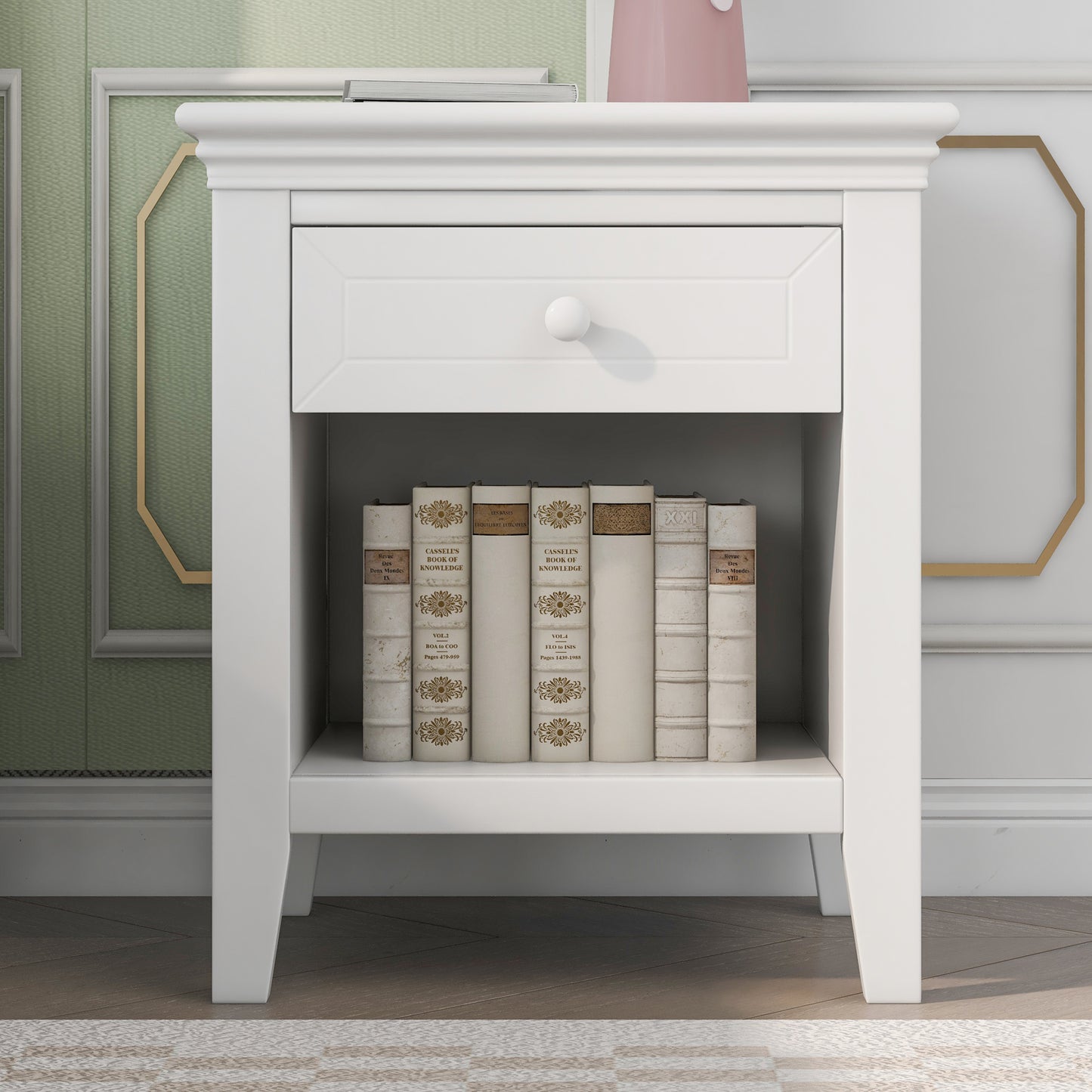 3 Pieces Traditional Concise Style White Bedroom Sets, Nightstand+Chest+Full Bed