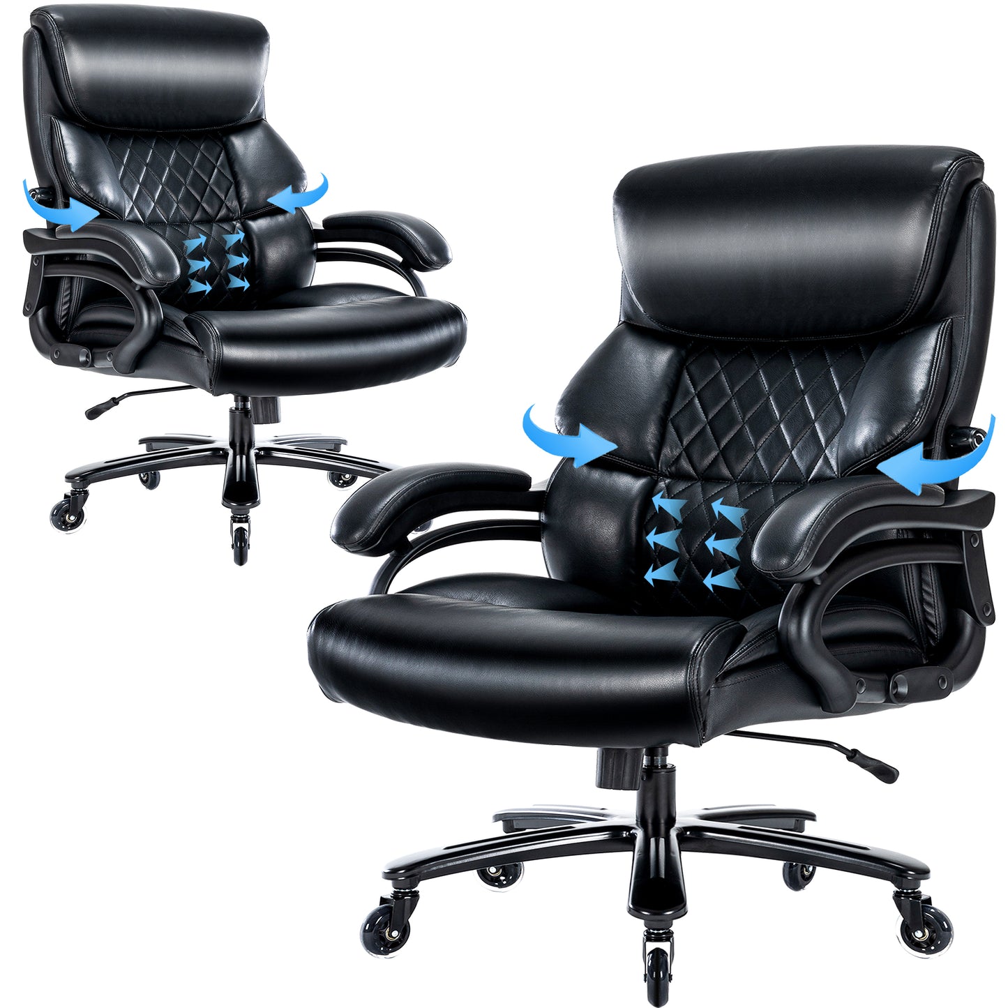 Big and Tall Office Chair 500 LBS-Executive Office Chair for Heavy People-Heavy Duty Office Chair with Sturdy Rollerblade Wheels-Desk Chair with Adjustable Lumbar Support Black Leather Chair