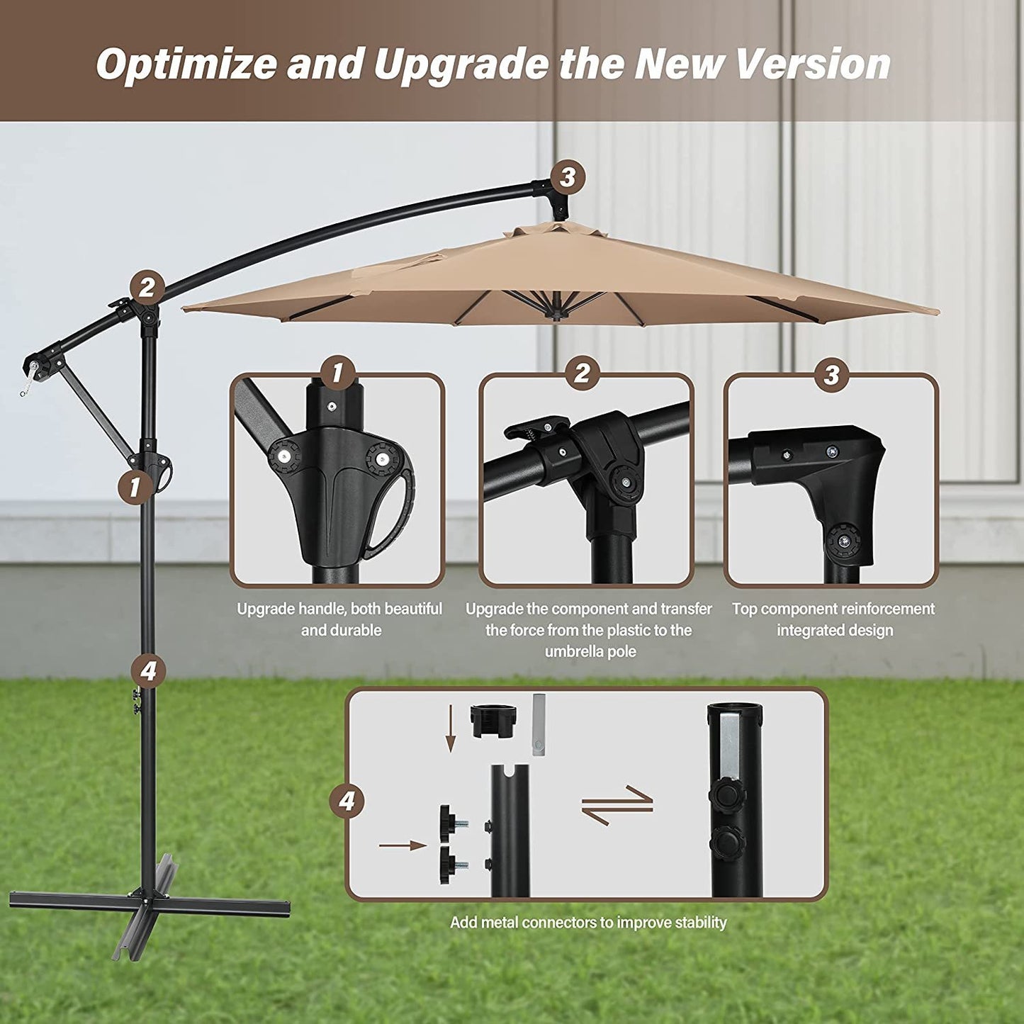 10ft Offset Umbrella Cantilever Patio Hanging Umbrella Outdoor Market Umbrella with Crank & Cross Base Suitable for Garden, Lawn, backyard and Deck, Tan