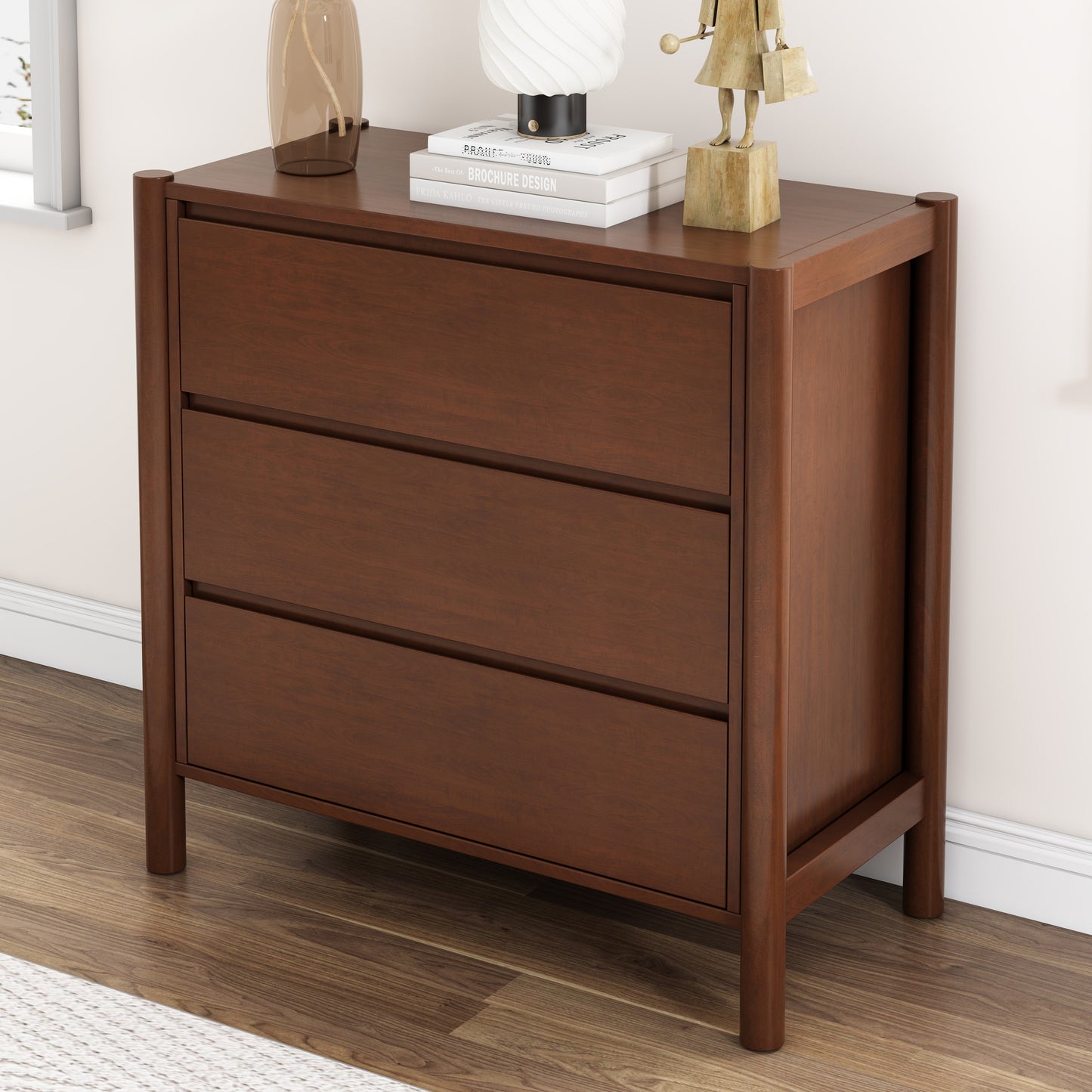Mid Century Modern Wood 3-Drawer Chest Storage Cabinet Chest of Drawers for Bedroom, Living Room, Rich Walnut