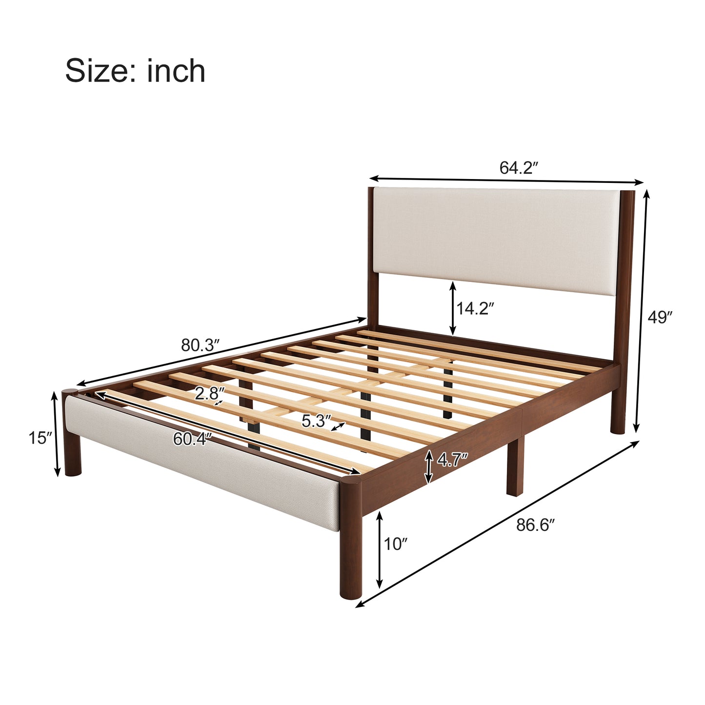 4 Pieces Bedroom Sets Mid Century Modern Upholestery Walnut Wood Frame Queen Platform Bed with Two Nightstands and Dresser