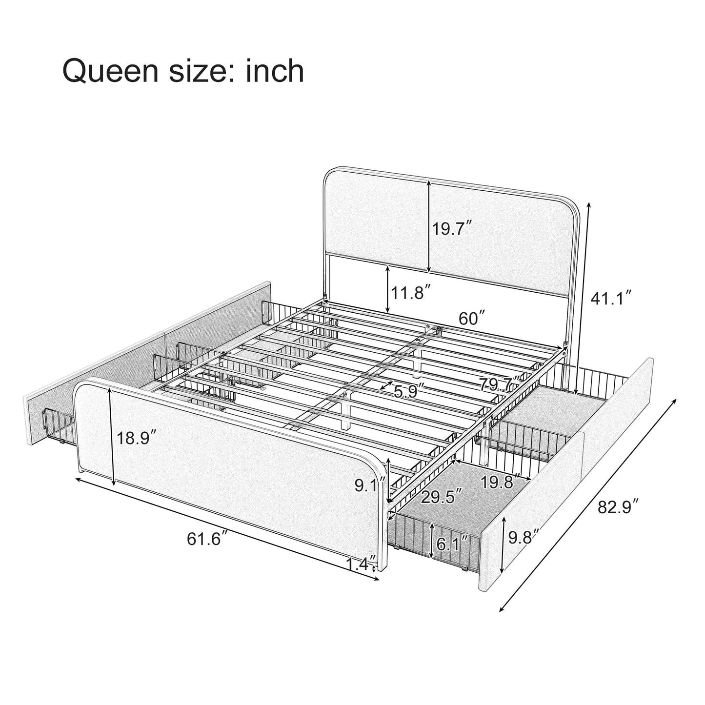 Modern Metal Bed Frame with Curved Upholstered Headboard and Footboard Bed with 4 Storage Drawers, Heavy Duty Metal Slats, Queen Size, Beige