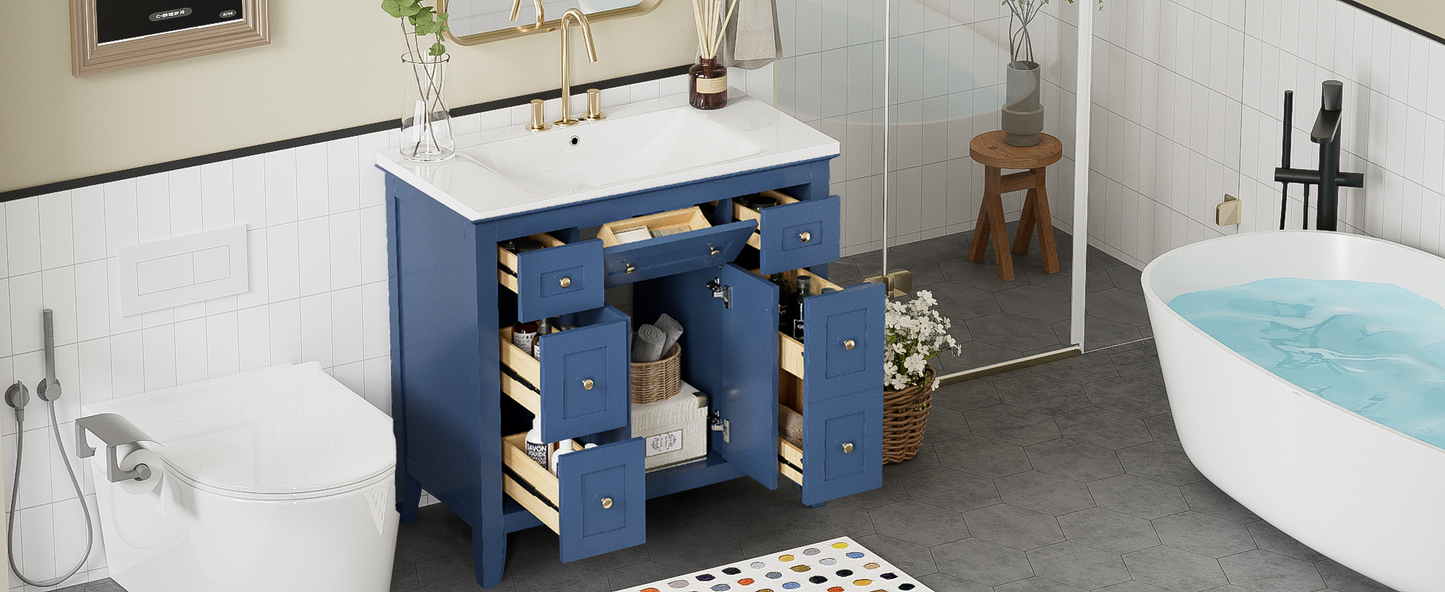 36'' Bathroon Vanity with Resin Sink Combo Set, Modern Freestanding Single Bathroom Cabinet with 6 Drawers & 2 Cabinets, Storage Cabinet for Bathroom, Solid Wood Frame Vanity Set, Blue