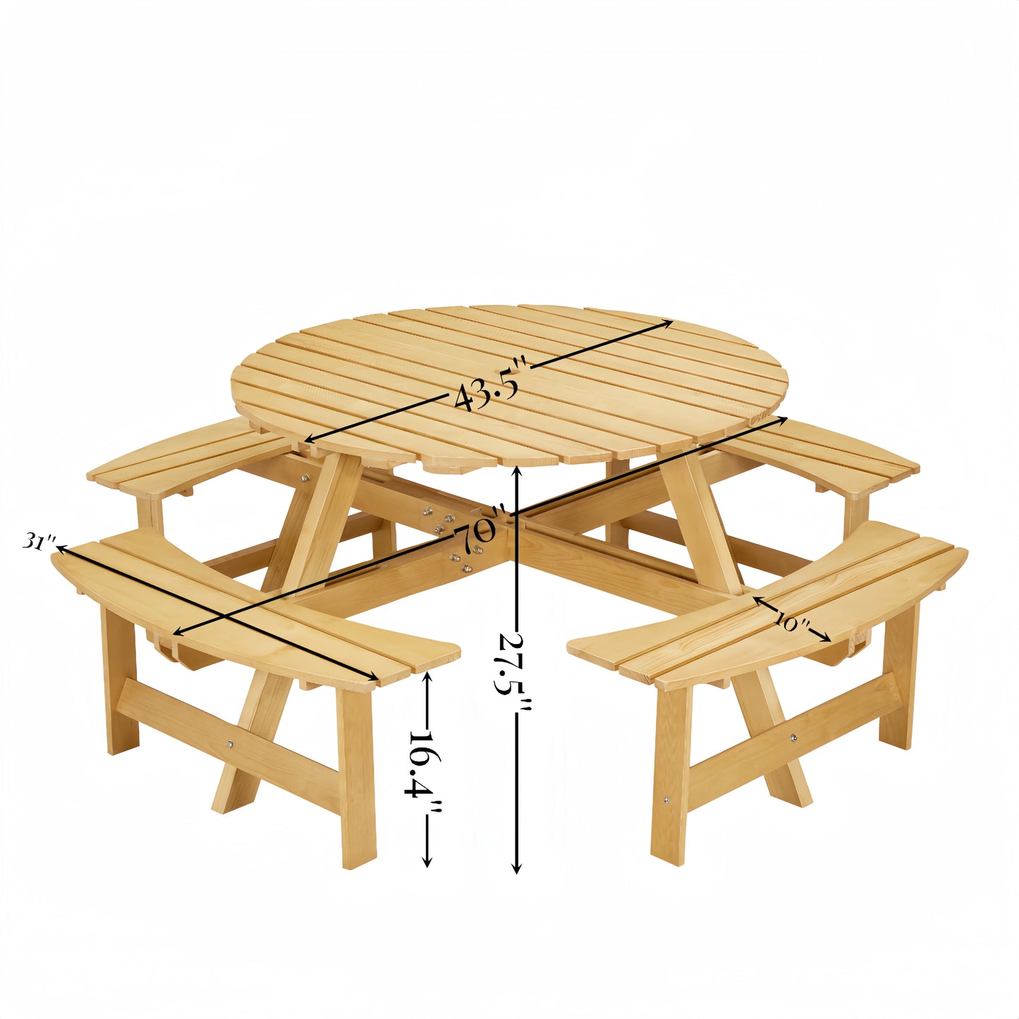Outdoor 8 Person Picnic Table, 8 person Round Picnic Table with 4 Built-in Benches, Umbrella Hole, Outside Table and Bench Set for Garden, Backyard, Porch, Patio, Natural