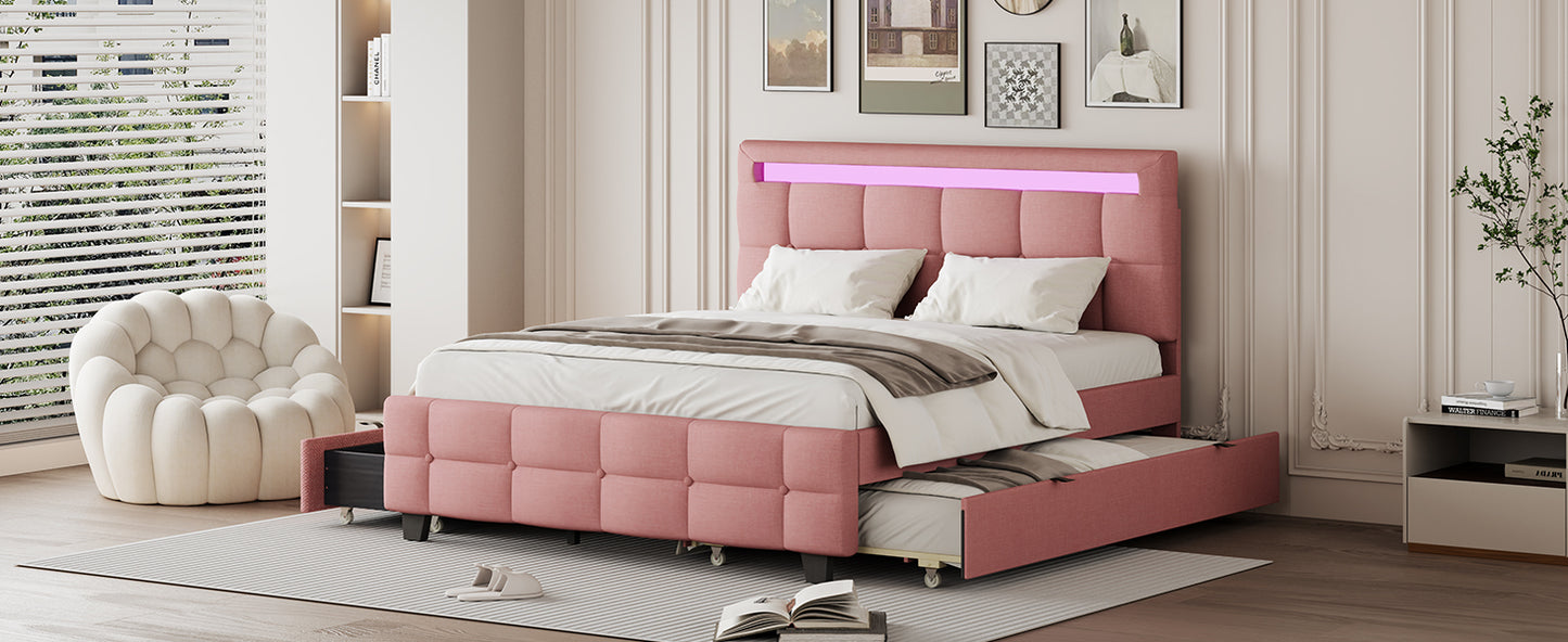 Queen Size Upholstered Platform Bed with LED Frame, with Twin XL Size Trundle and 2 drawers, Linen Fabric, Pink