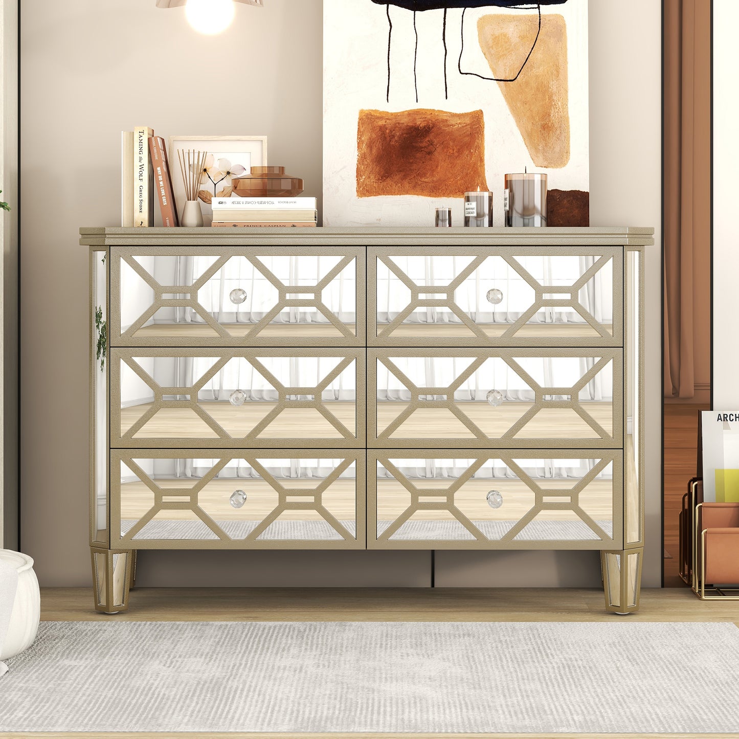Elegant Mirrored 6-Drawer Dresser with Golden Lines Storage Cabinet for Living Room, Hallway, Entryway