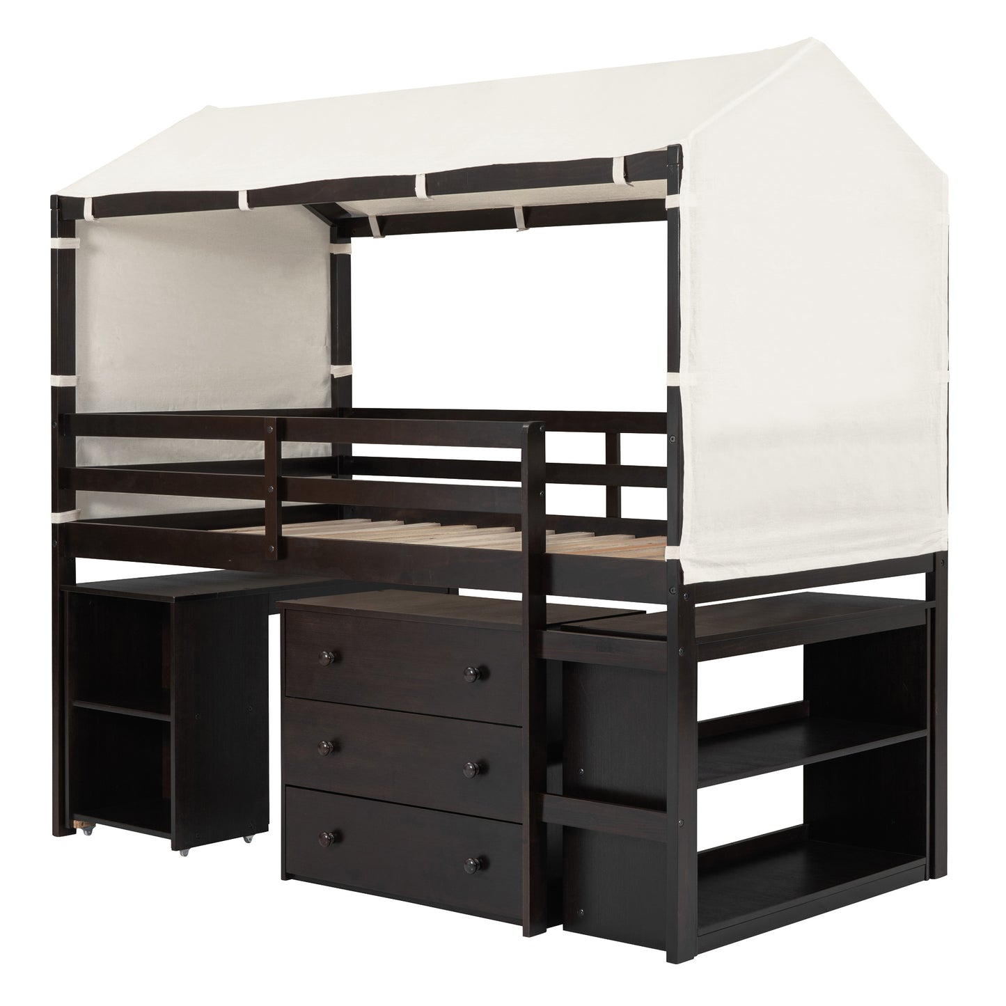 Twin Size Loft Bed with Rolling Cabinet, Shelf and Tent - Espresso