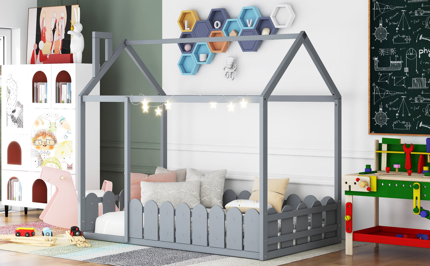 (Slats are not included) Twin Size Wood Bed House Bed Frame with Fence, for Kids, Teens, Girls, Boys (Gray )(OLD SKU :WF194274AAE)