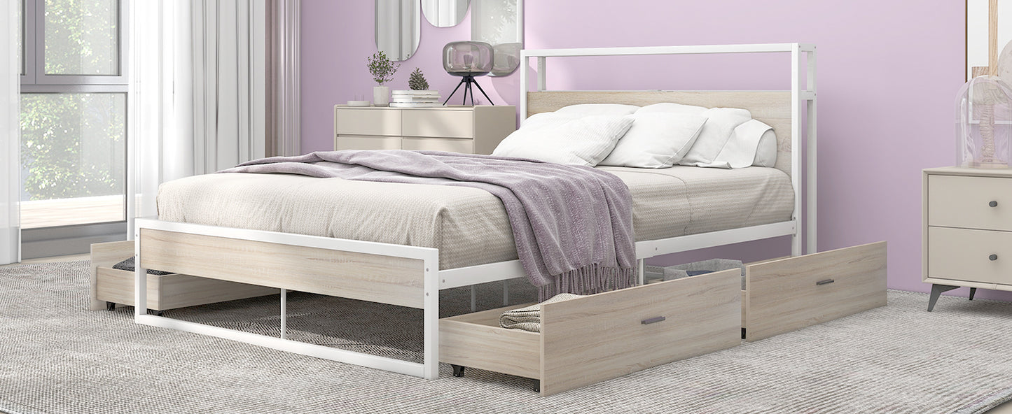Full Size Metal Platform Bed Frame with Four Drawers,Sockets and USB Ports ,Slat Support No Box Spring Needed White