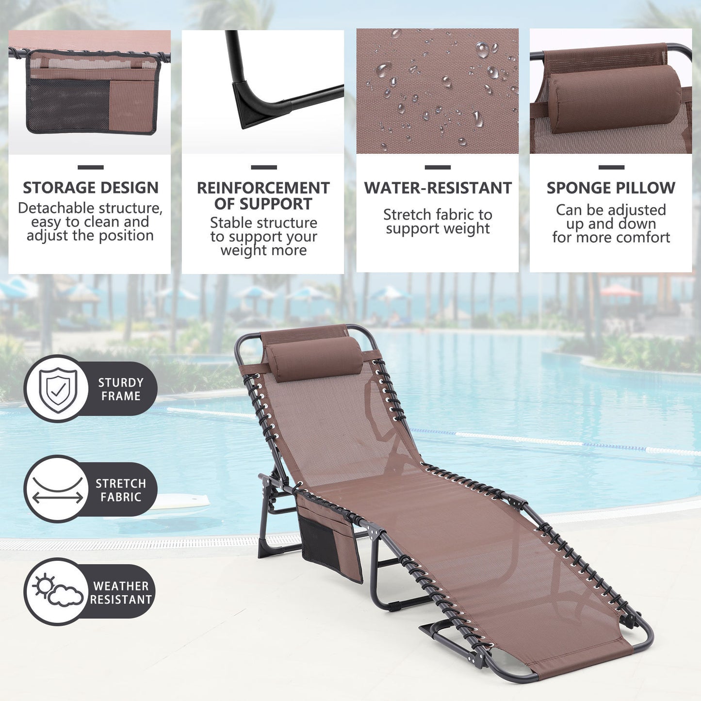 Folding Textilene Waterproof Patio Chaise Lounge Chair,Outdoor Adjustable and Reclining Tanning Chair with Pillow and Side Pocket for Lawn,Beach,Pool,Portable Camping and Sunbathing(2 Pieces,Coffee)