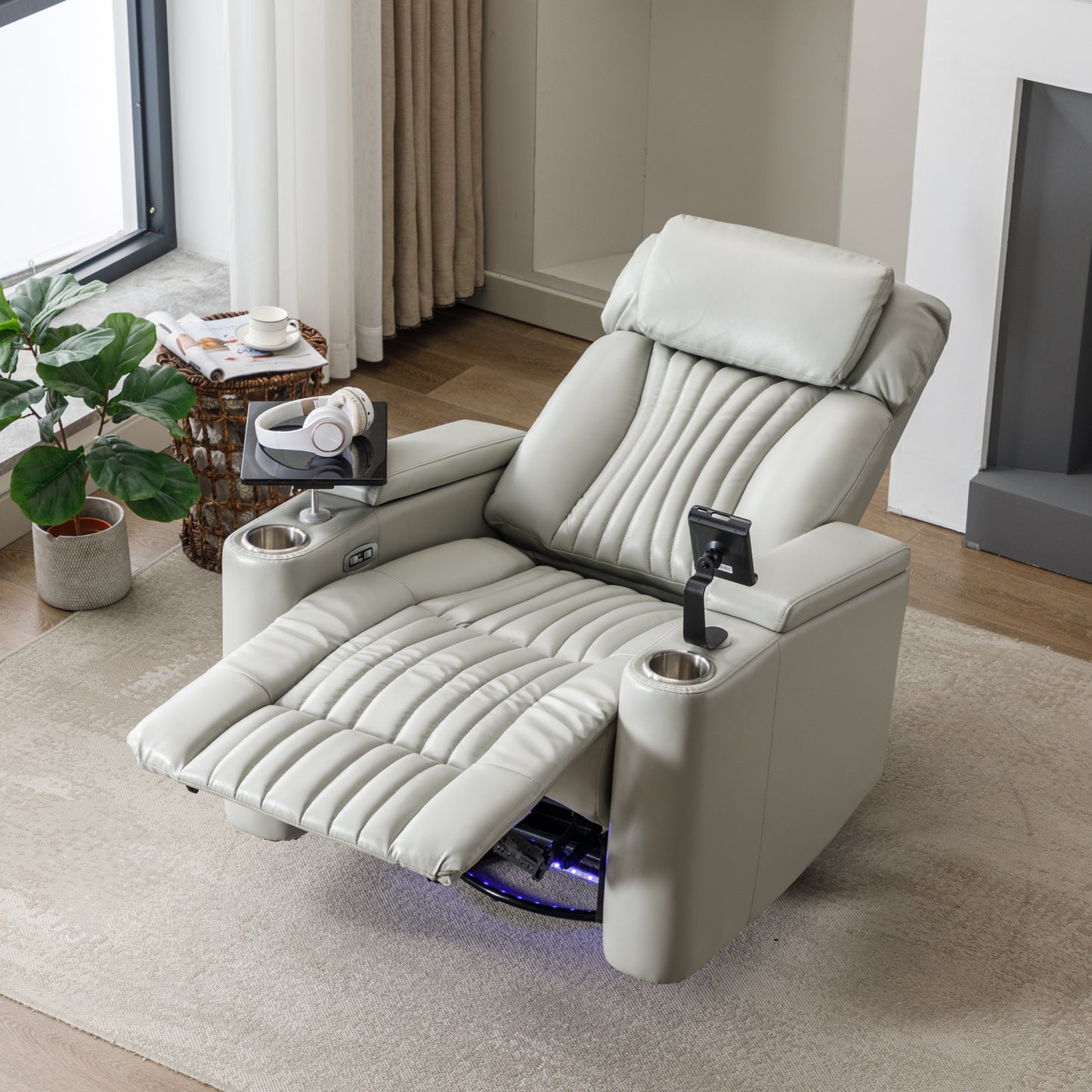 270° Power Swivel Recliner,Home Theater Seating With Hidden Arm Storage and LED Light Strip,Cup Holder,360° Swivel Tray Table,and Cell Phone Holder,Soft Living Room Chair,Grey
