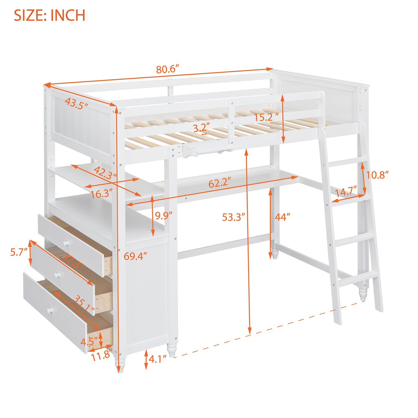 Twin size Loft Bed with Drawers and Desk, Wooden Loft Bed with Shelves - White(OLD SKU: LP000530AAK)