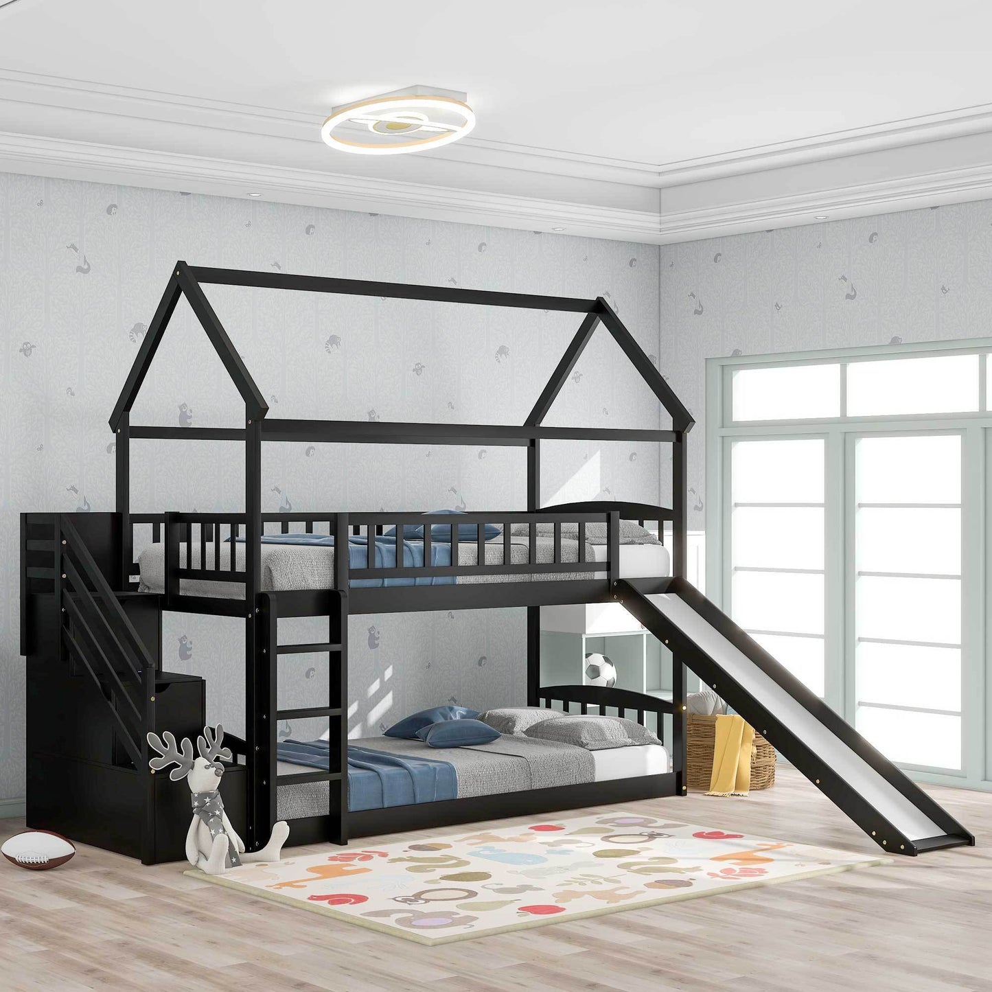 Twin Over Twin Bunk Bed with Drawers and Slide, House Bed with Slide,Espresso(OLD SKU :LT000215AAP)