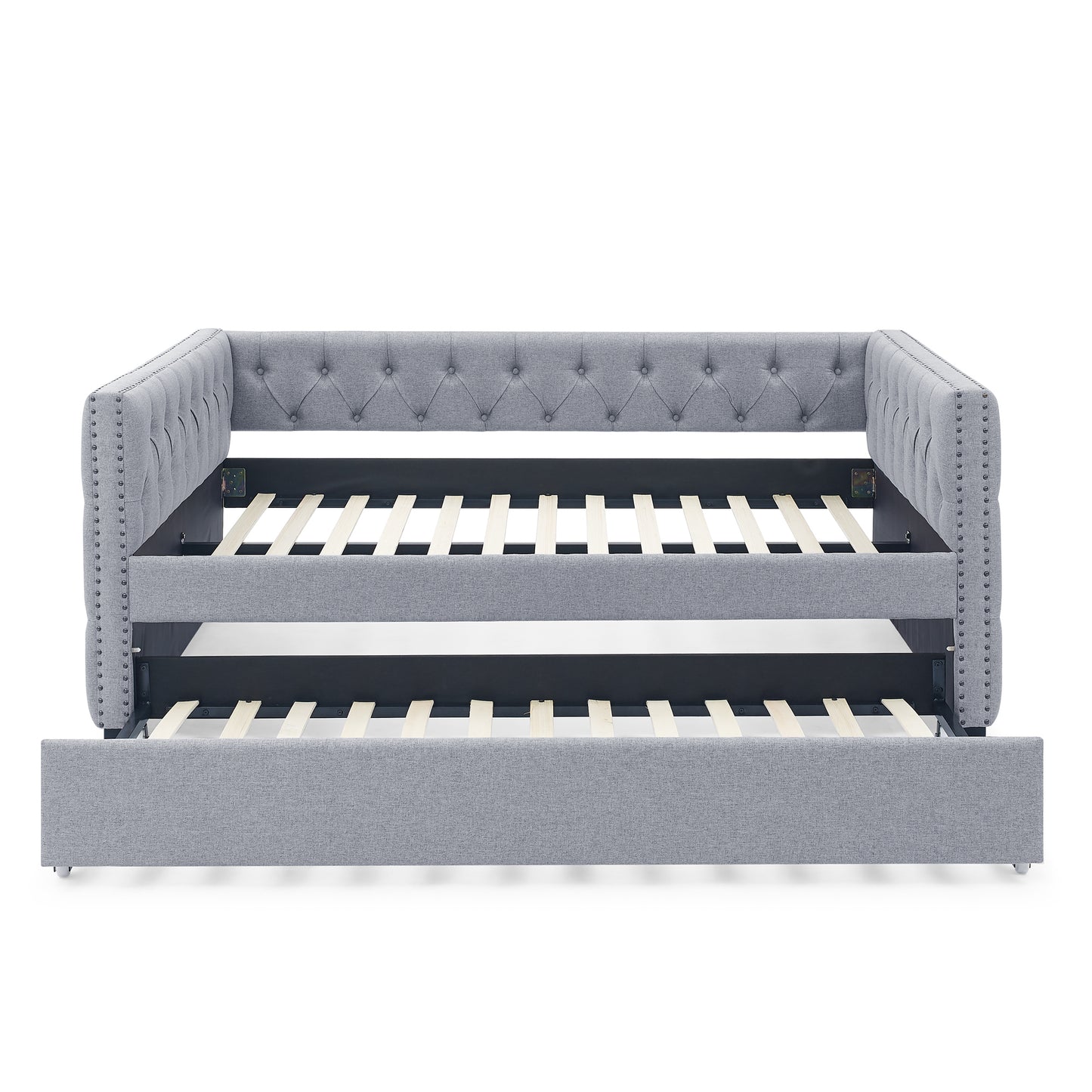 Daybed with Trundle Upholstered Tufted Sofa Bed, with Button and Copper Nail on Square Arms,Full Daybed & Twin Trundle, Grey(85"x57"x31.5")