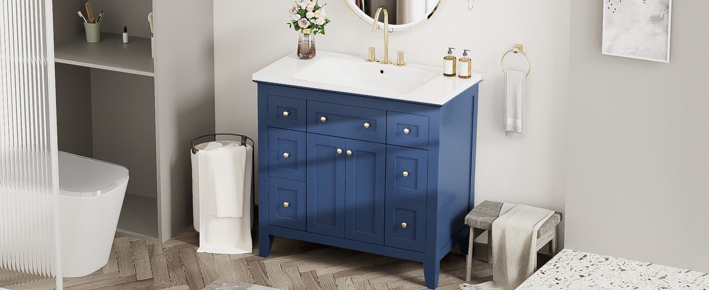 36'' Bathroon Vanity with Resin Sink Combo Set, Modern Freestanding Single Bathroom Cabinet with 6 Drawers & 2 Cabinets, Storage Cabinet for Bathroom, Solid Wood Frame Vanity Set, Blue