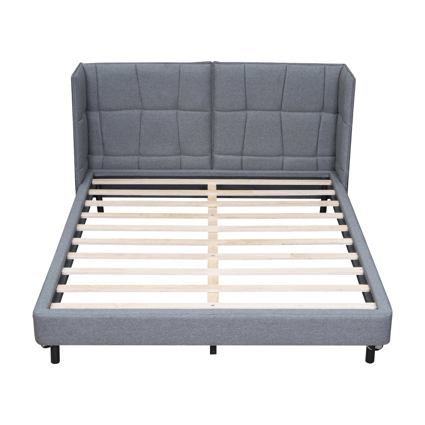 Queen Size Upholstered Platform Bed with LED Lights and U-Shaped Headboard, Linen Fabric, Gray