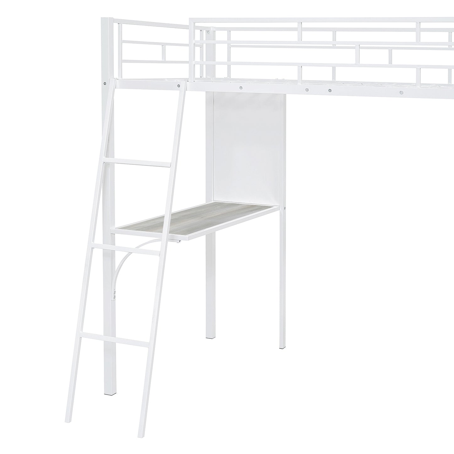 Twin Size Loft Metal Bed with 3 Layers of Shelves and Desk, Stylish Metal Frame Bed with Whiteboard, White