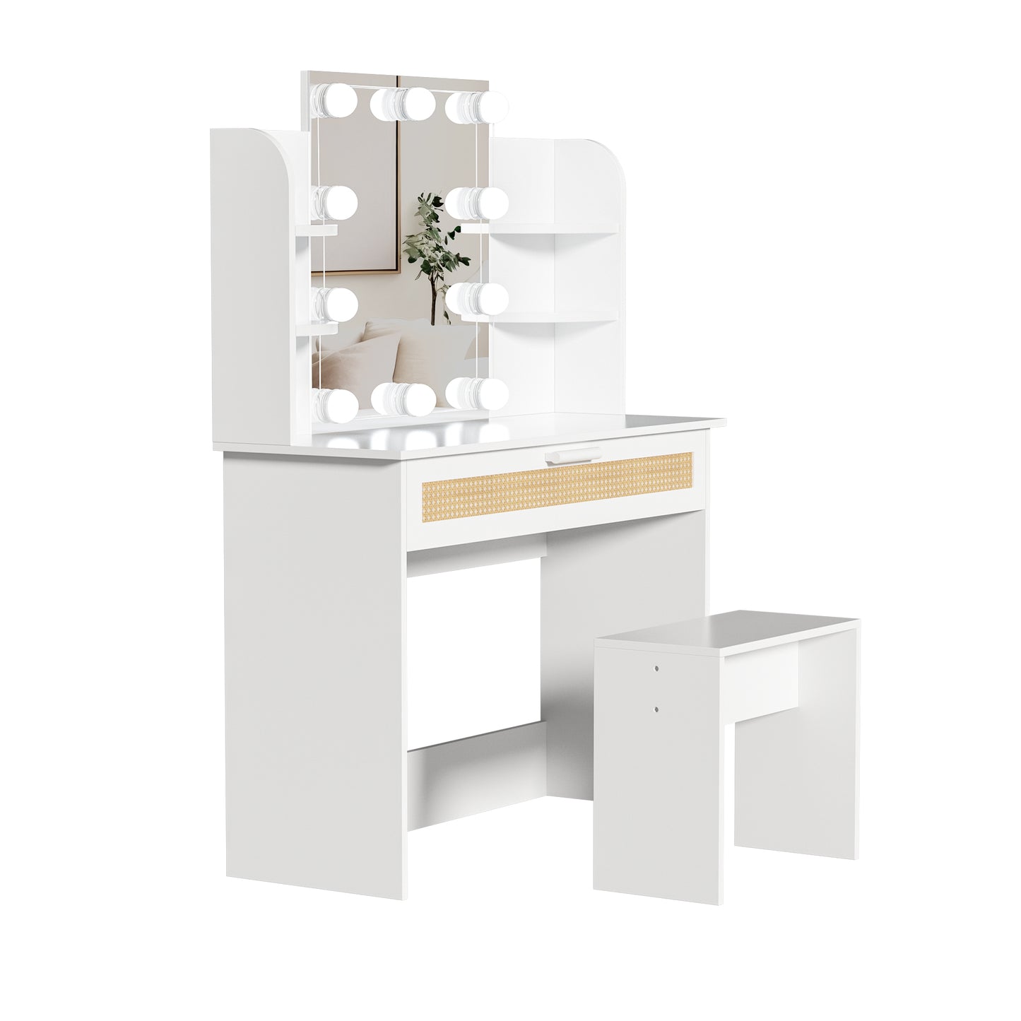 Vanity Desk Set Stool & Dressing Table with LED Lighting Mirror Drawer and Compartments Modern Wood Cosmetic Table Chest of Drawers White Color