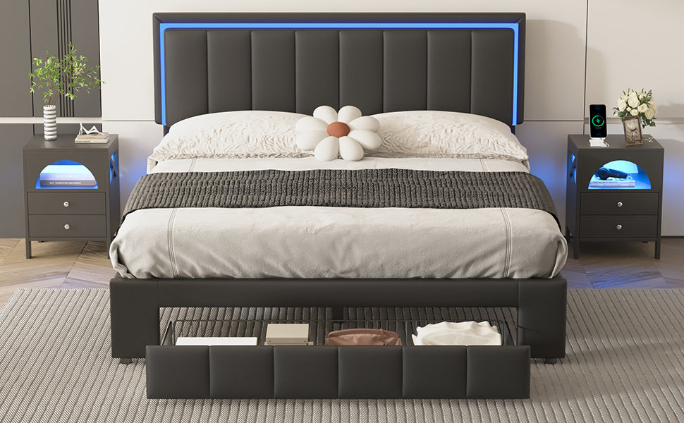 3-Pieces Bedroom Sets,Queen Size Upholstered Bed with LED Lights and Motion Activated Night Lights,Two Nightstands with USB Charging Station and LED lights,Black