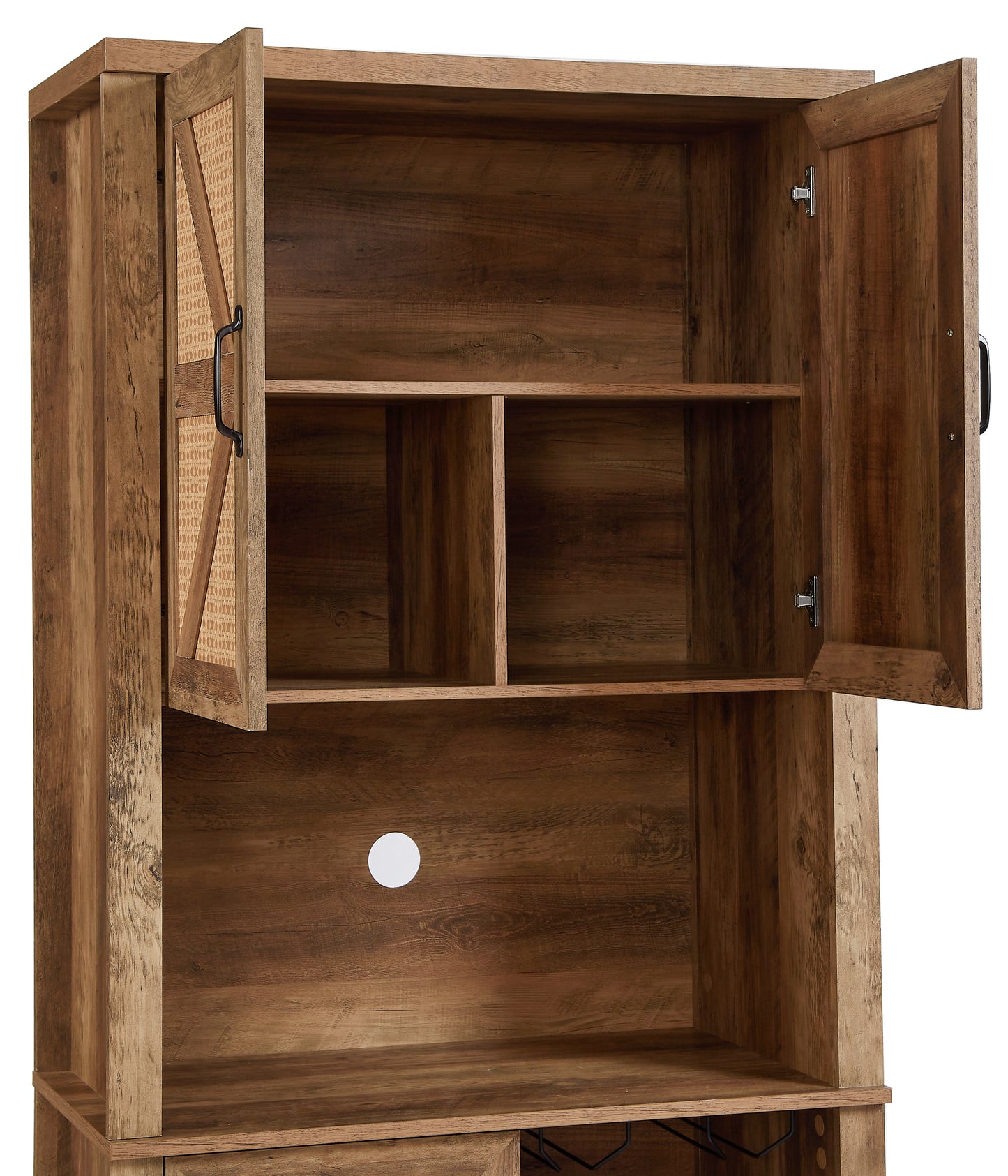 76-Inch Tall Rustic Oak Color Farmhouse Kitchen Faux Rattan Wine Cabinet, Kitchen Bar Cabinet with Square Compartments , Large Wooden Faux Rattan Storage Cabinet with Barn Doors and Microwave Shelves