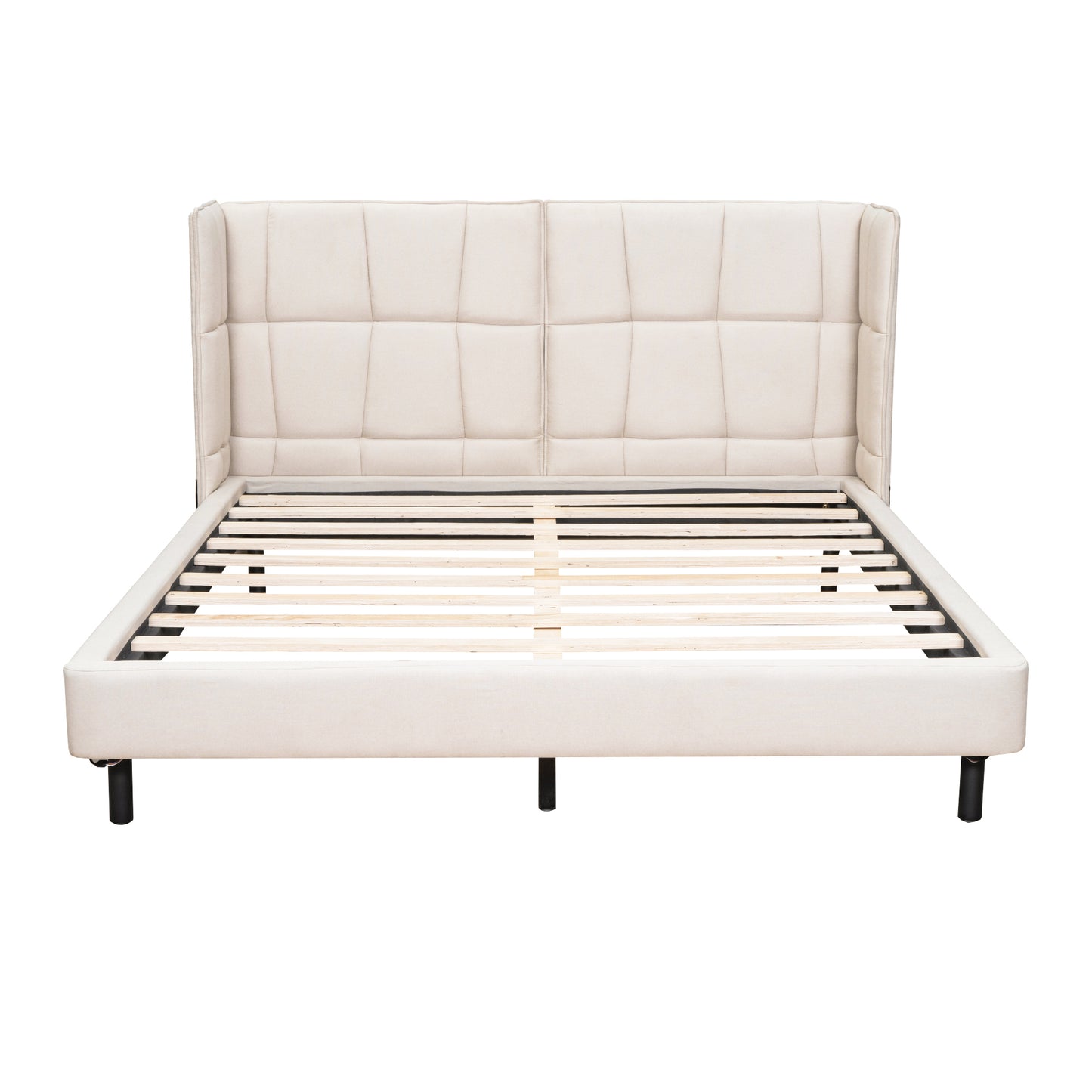 Queen Size Upholstered Platform Bed with LED Lights and U-Shaped Headboard, Linen Fabric, Beige