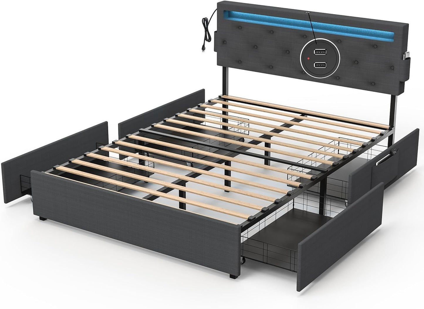 Queen Bed Frame with USB Charging Station & LED Lights, Queen Bed Frame with Headboard & 4 Storage Drawers, D