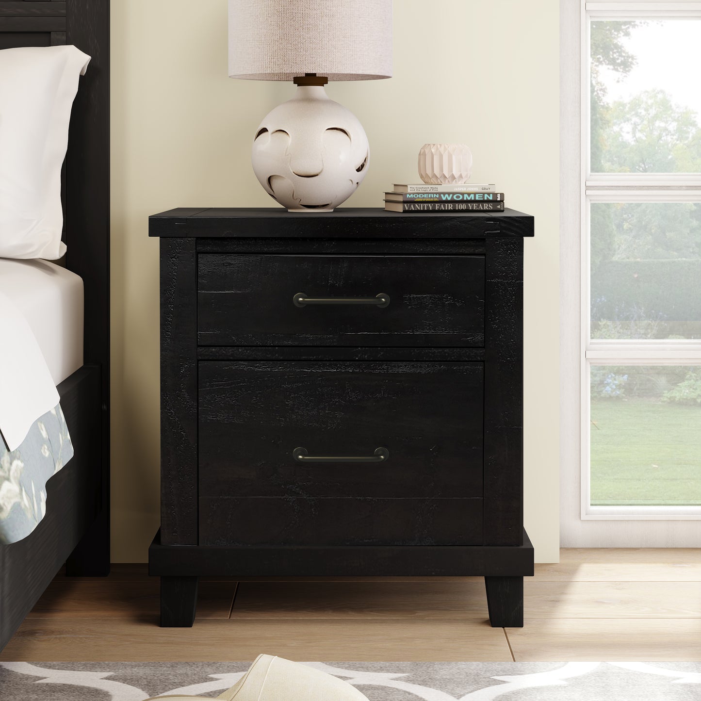 Rustic Farmhouse Style 3 Pieces Bedroom Sets Blackwash Queen Bed with 2 Drawers, Nightstand and Dresser, Coffee