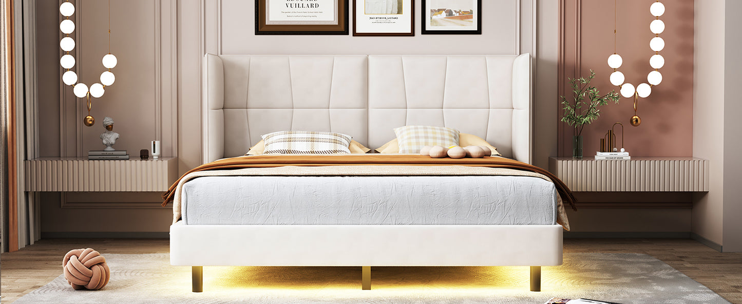 Queen Size Upholstered Platform Bed with LED Lights and U-Shaped Headboard, Linen Fabric, Beige