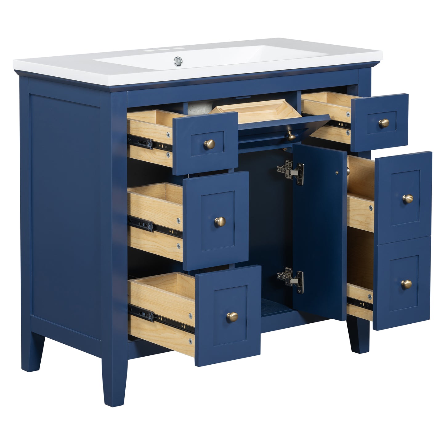 36'' Bathroon Vanity with Resin Sink Combo Set, Modern Freestanding Single Bathroom Cabinet with 6 Drawers & 2 Cabinets, Storage Cabinet for Bathroom, Solid Wood Frame Vanity Set, Blue