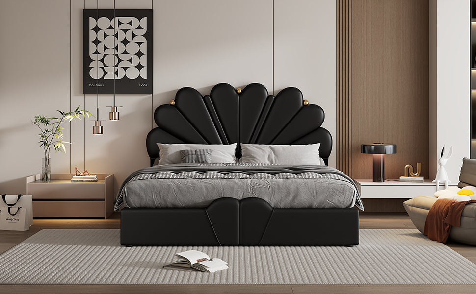 Queen Size Upholstered Petal Shaped Platform Bed with Hydraulic Storage System, PU Storage Bed, Decorated with metal balls, Black