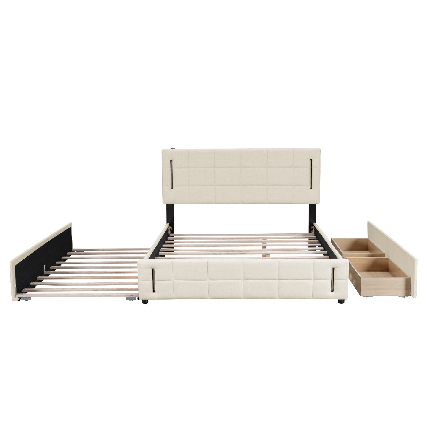 Queen Size Upholstered Platform Bed with Trundle and Drawers, Beige
