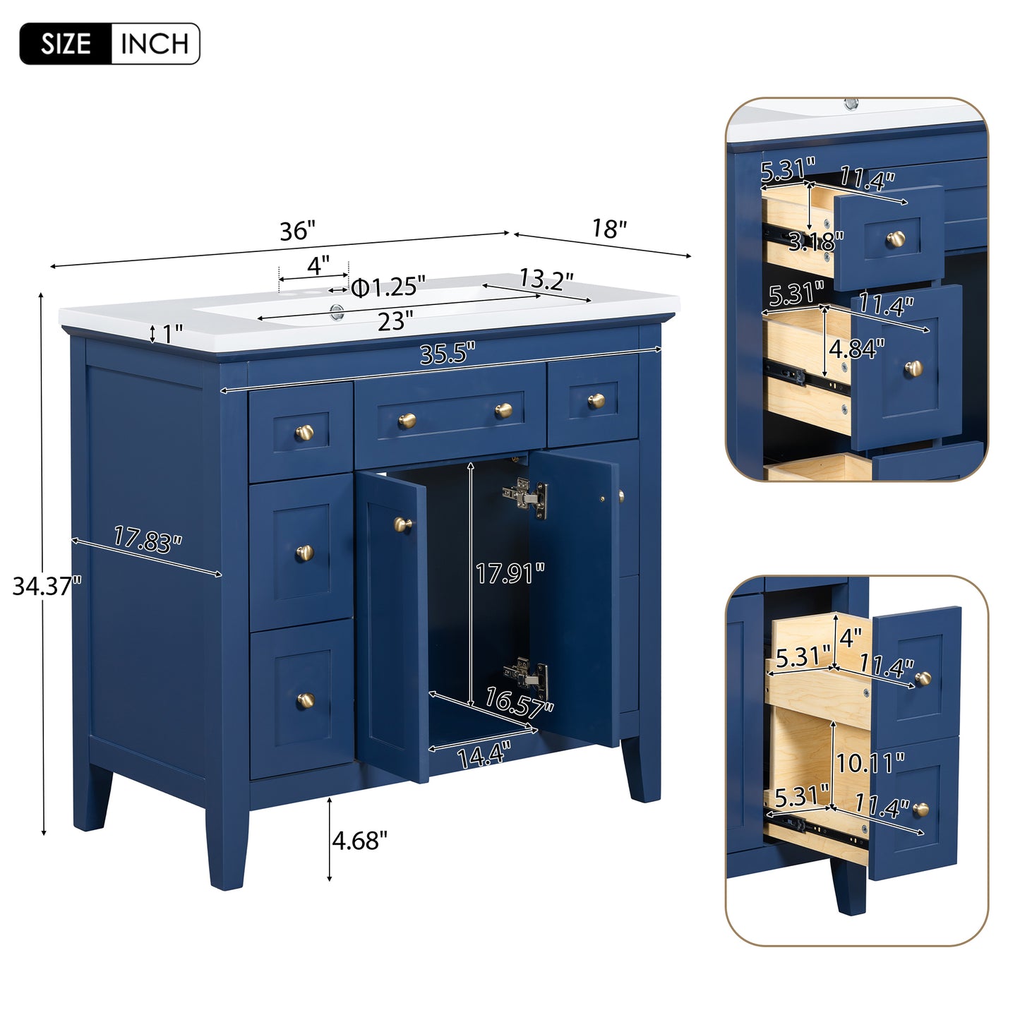 36'' Bathroon Vanity with Resin Sink Combo Set, Modern Freestanding Single Bathroom Cabinet with 6 Drawers & 2 Cabinets, Storage Cabinet for Bathroom, Solid Wood Frame Vanity Set, Blue
