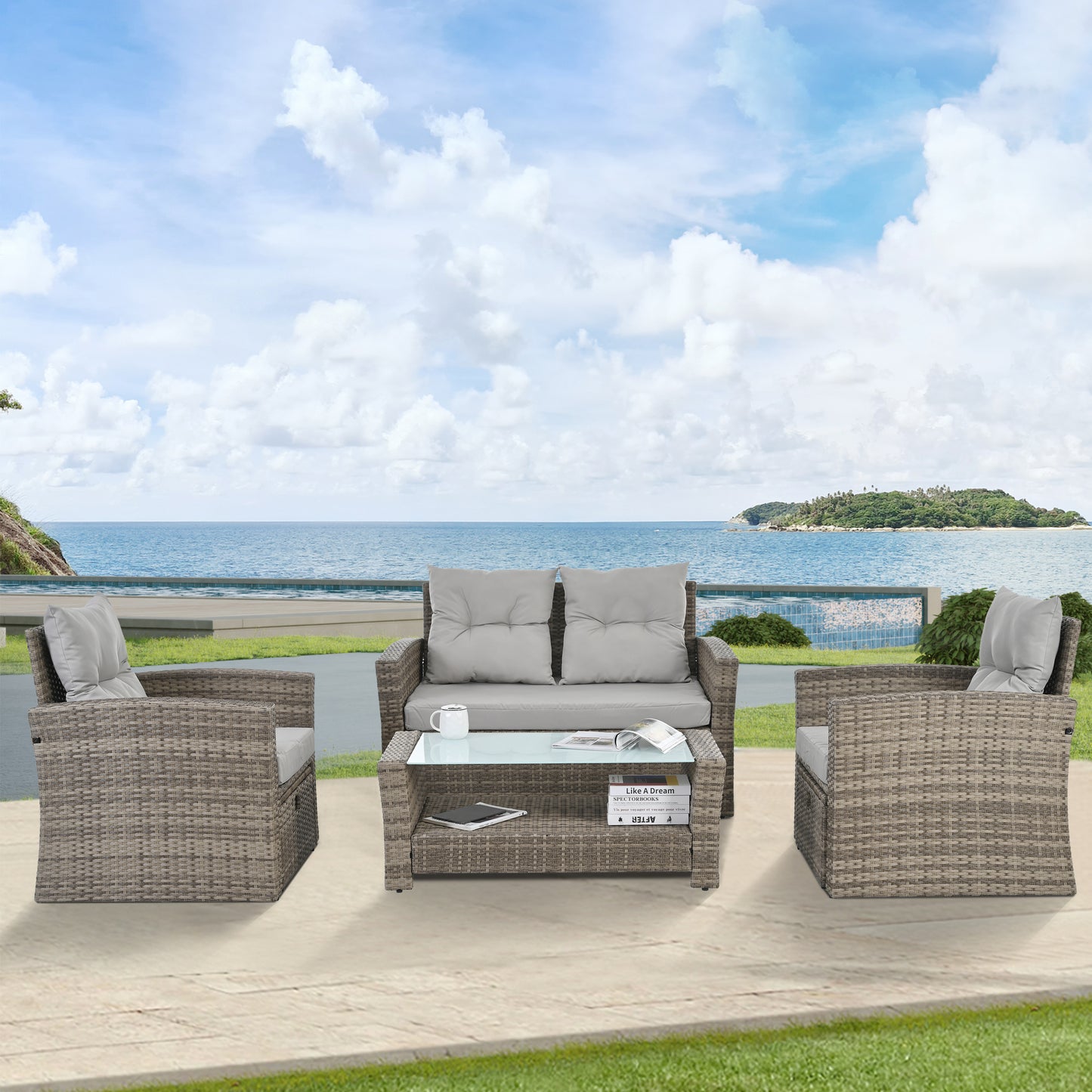Patio Furniture, Outdoor Furniture, Seasonal PE Wicker Furniture, 6 Set Wicker Furniture With Tempered Glass Coffee Table