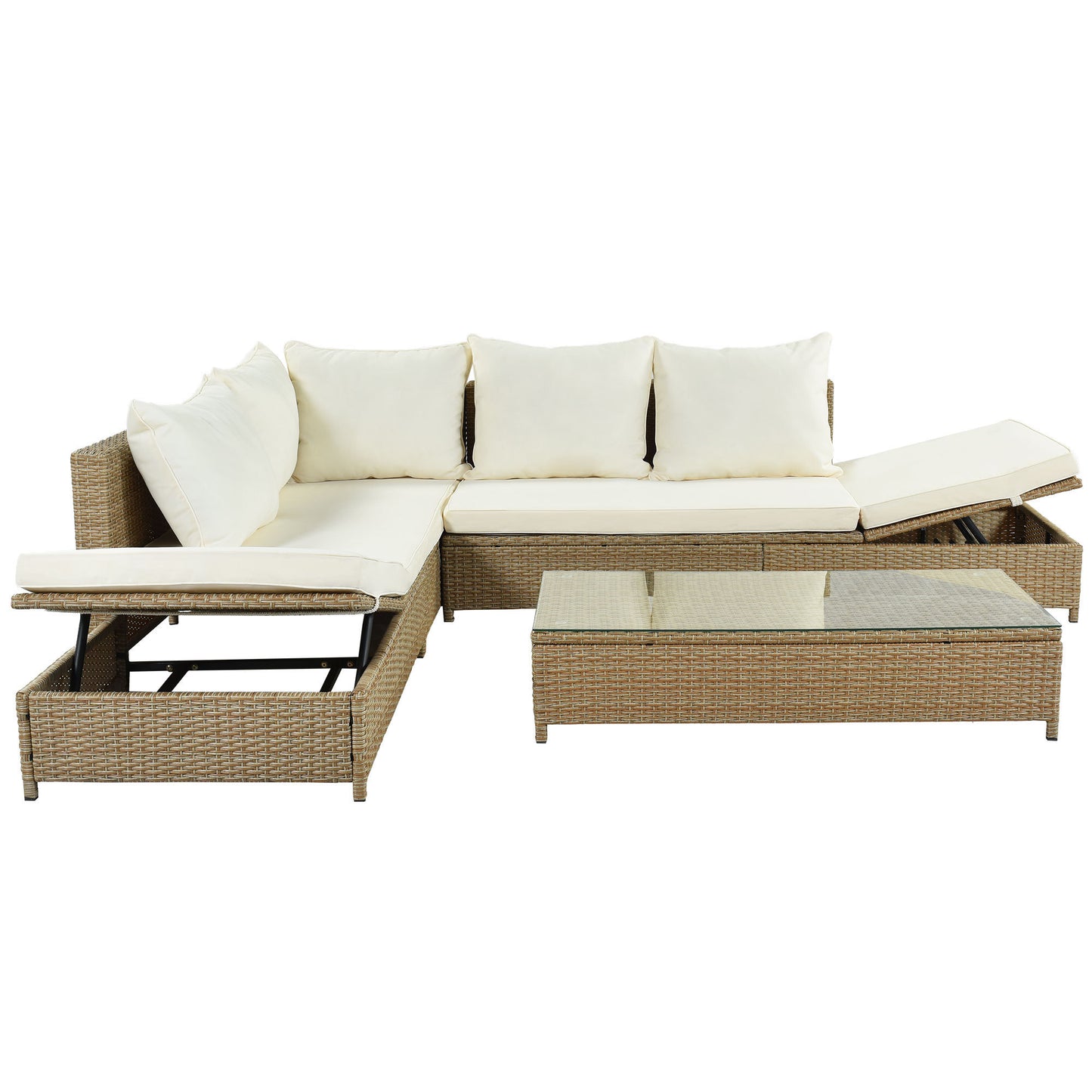 TOPMAX Patio 3-Piece Rattan Sofa Set All Weather PE Wicker Sectional Set with Adjustable Chaise Lounge Frame and Tempered Glass Table, Natural Brown