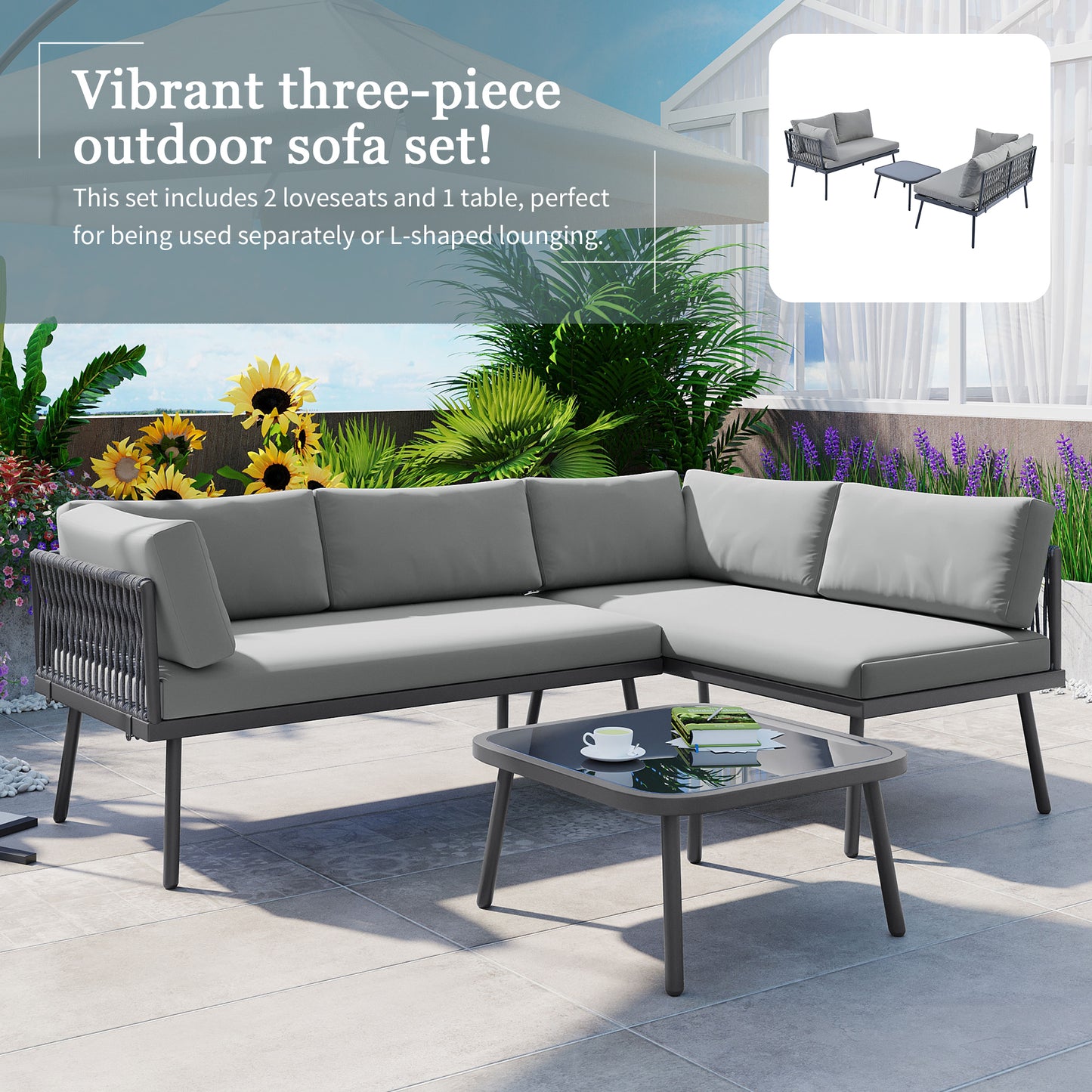 TOPMAX Modern Outdoor 3-Piece PE Rattan Sofa Set All Weather Patio Metal Sectional Furniture Set with Cushions and Glass Table for Backyard, Poolside, Garden, Gray,L-Shaped