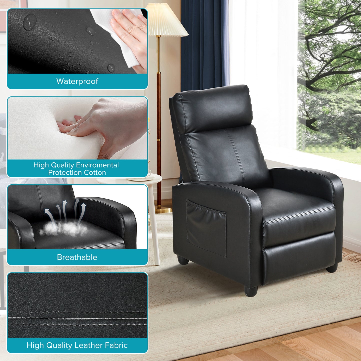 Recliner Chair, Recliner Sofa PU Leather for Adults, Recliners Home Theater Seating with Lumbar Support, Reclining Sofa Chair for Living Room